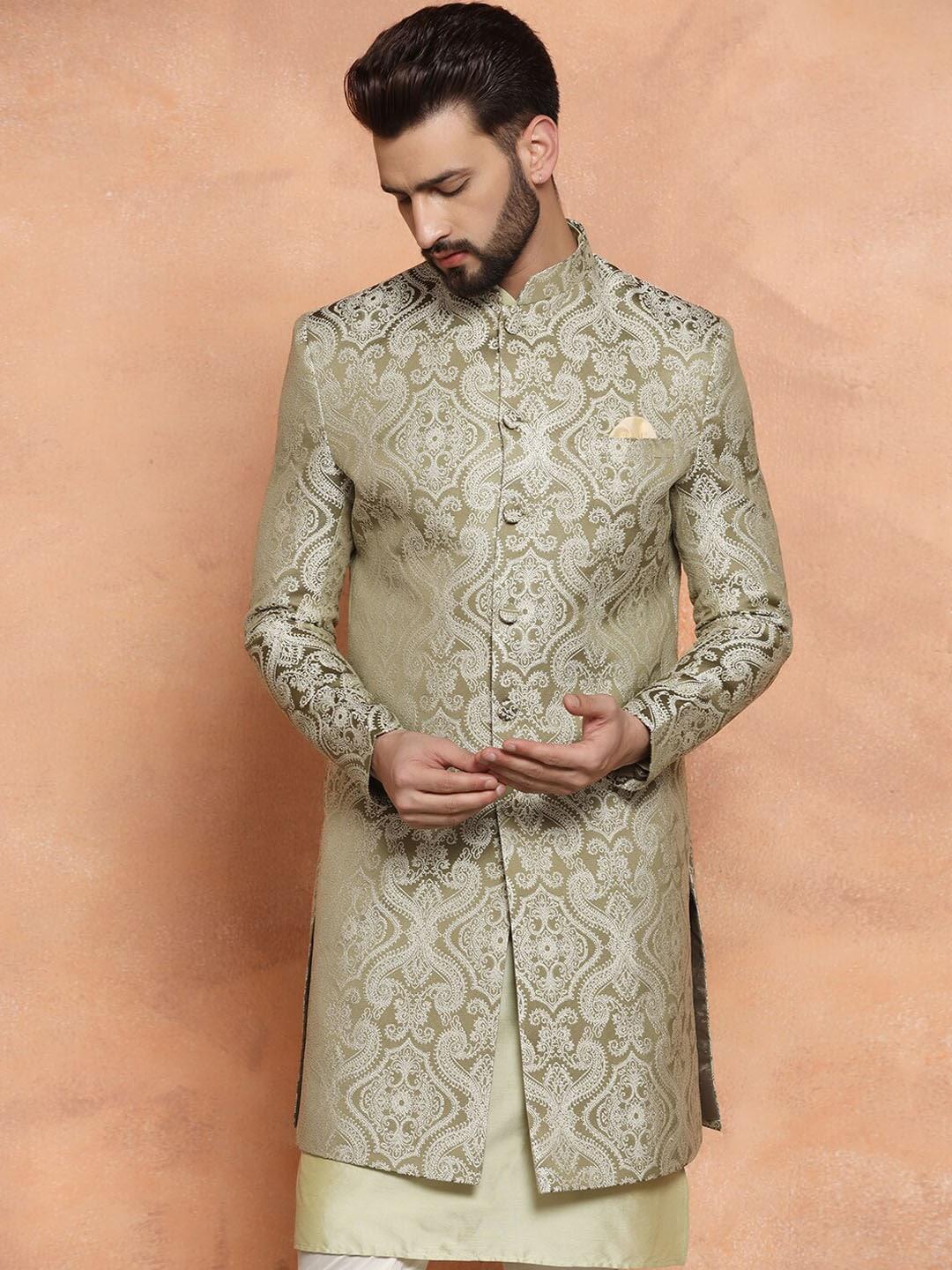 KISAH Ethnic Motifs Woven Design Mandarin Collar Sherwani Set