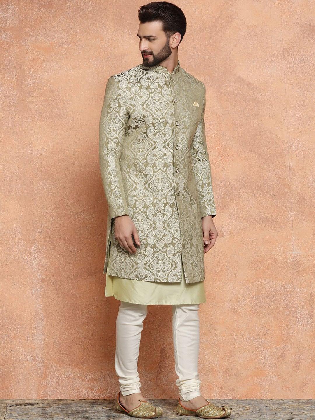 KISAH Ethnic Motifs Woven Design Mandarin Collar Sherwani Set