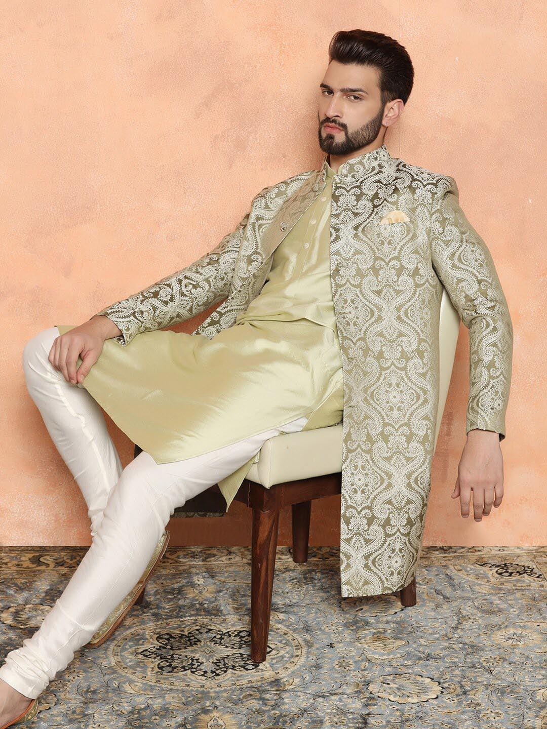 KISAH Ethnic Motifs Woven Design Mandarin Collar Sherwani Set