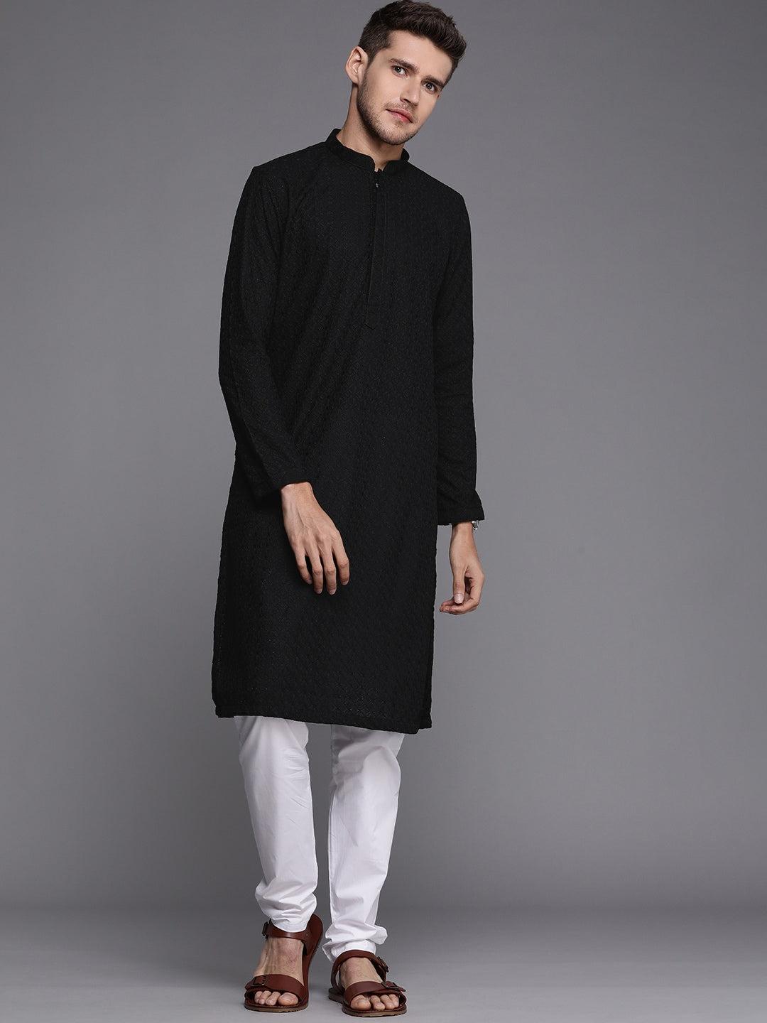 Manyavar Men Black Ethnic Motifs Thread Work Kurta with Churidar