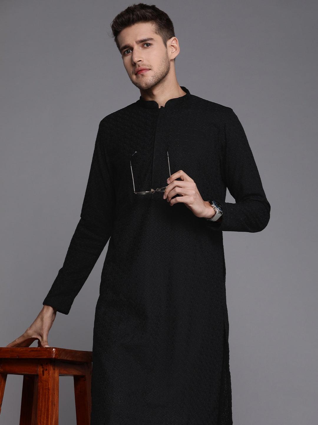 Manyavar Men Black Ethnic Motifs Thread Work Kurta with Churidar