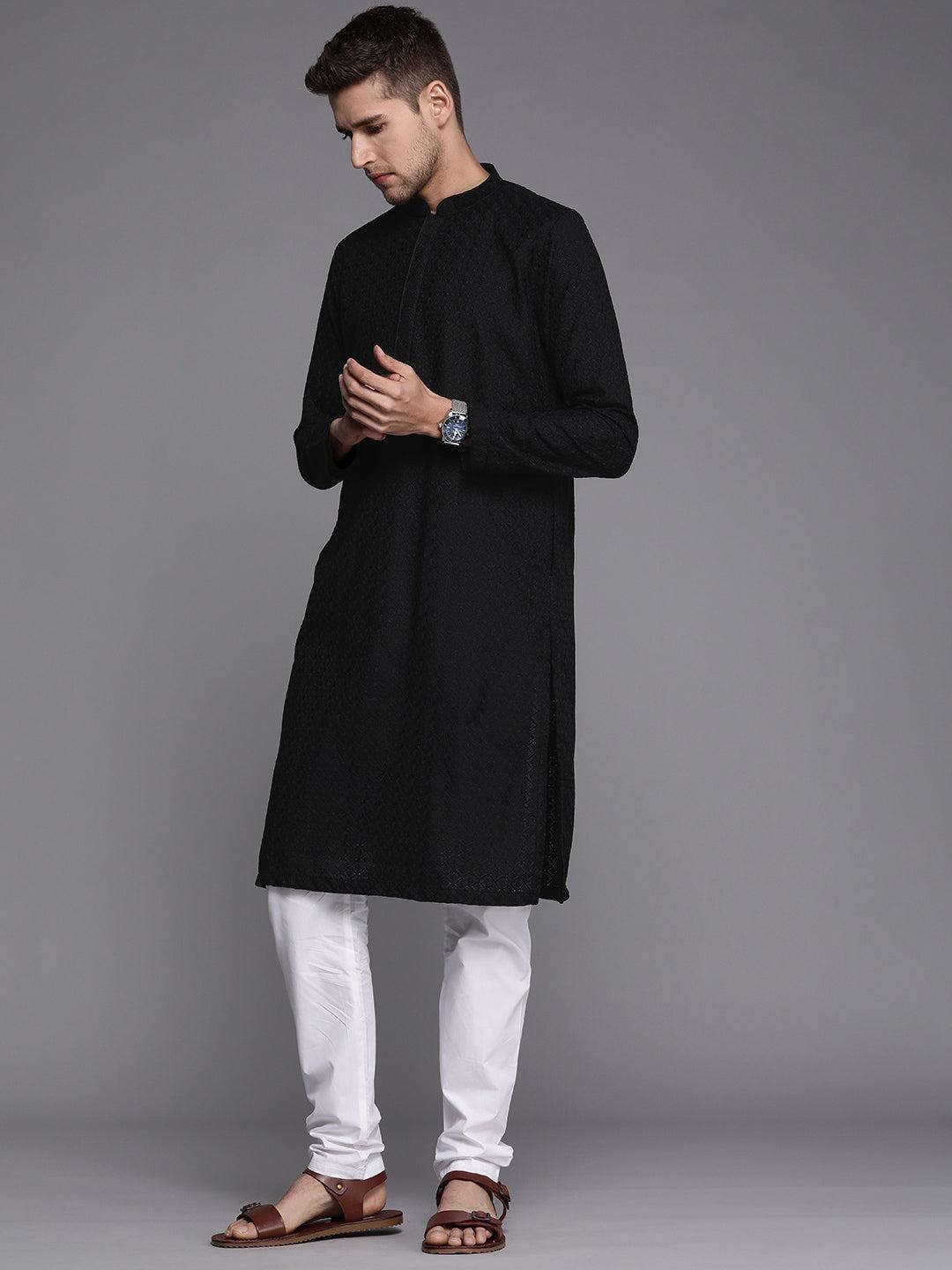 Manyavar Men Black Ethnic Motifs Thread Work Kurta with Churidar