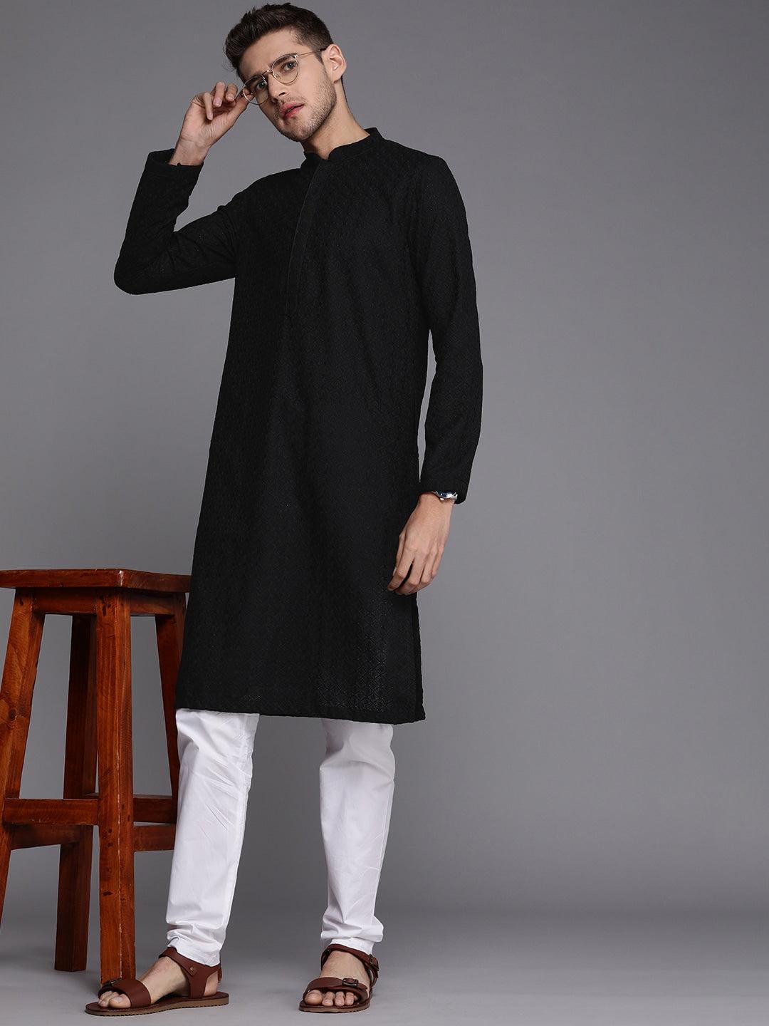 Manyavar Men Black Ethnic Motifs Thread Work Kurta with Churidar