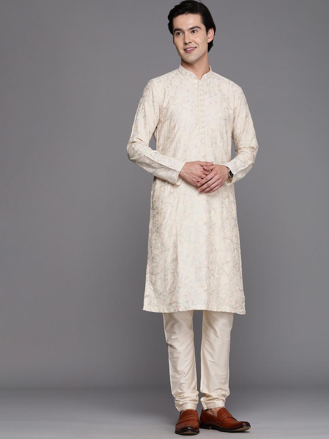 Manyavar Men Cream-Coloured Ethnic Motifs Printed Thread Work Kurta with Churidar