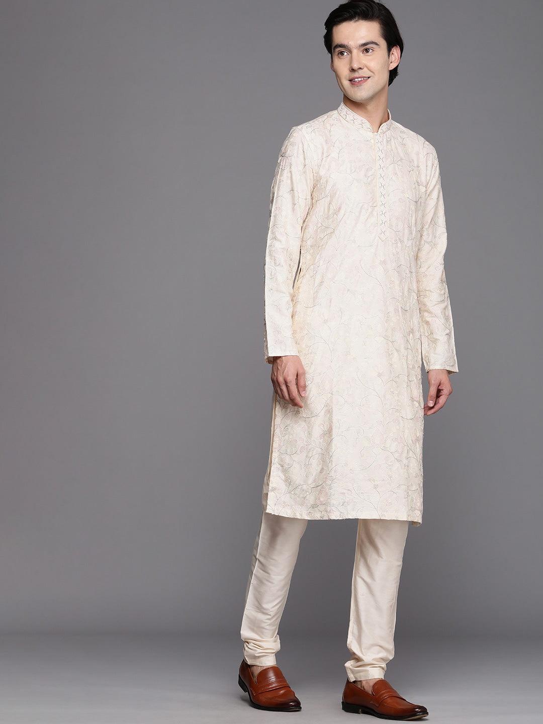 Manyavar Men Cream-Coloured Ethnic Motifs Printed Thread Work Kurta with Churidar