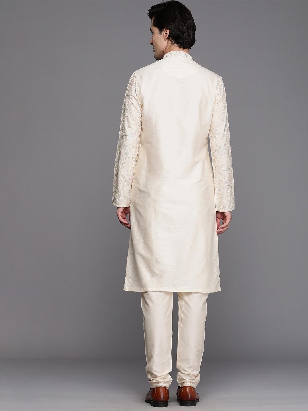 Manyavar Men Cream-Coloured Ethnic Motifs Printed Thread Work Kurta with Churidar