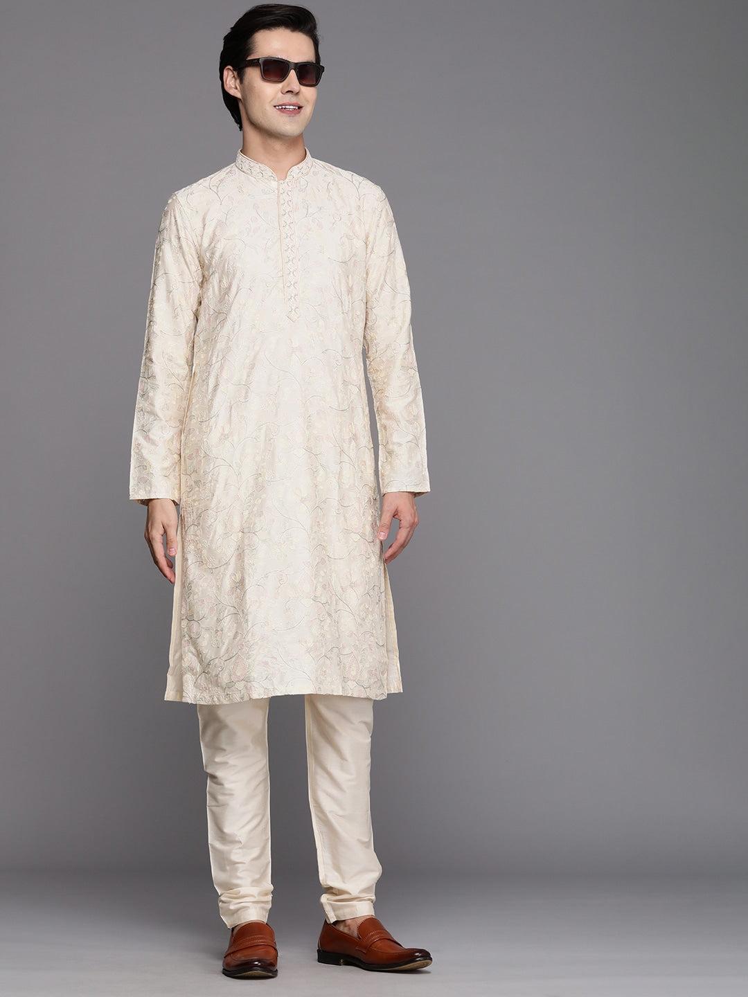 Manyavar Men Cream-Coloured Ethnic Motifs Printed Thread Work Kurta with Churidar