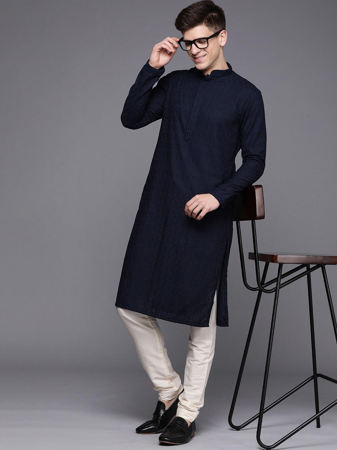 Manyavar Men Blue Ethnic Motifs Woven Design Kurta with Churidar