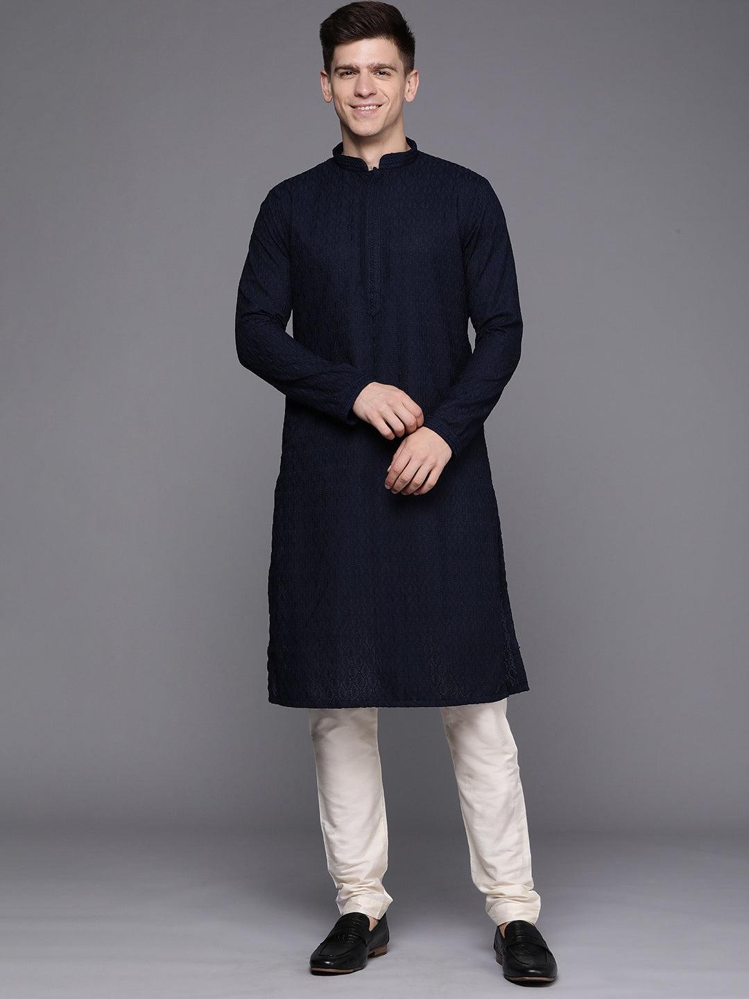 Manyavar Men Blue Ethnic Motifs Woven Design Kurta with Churidar