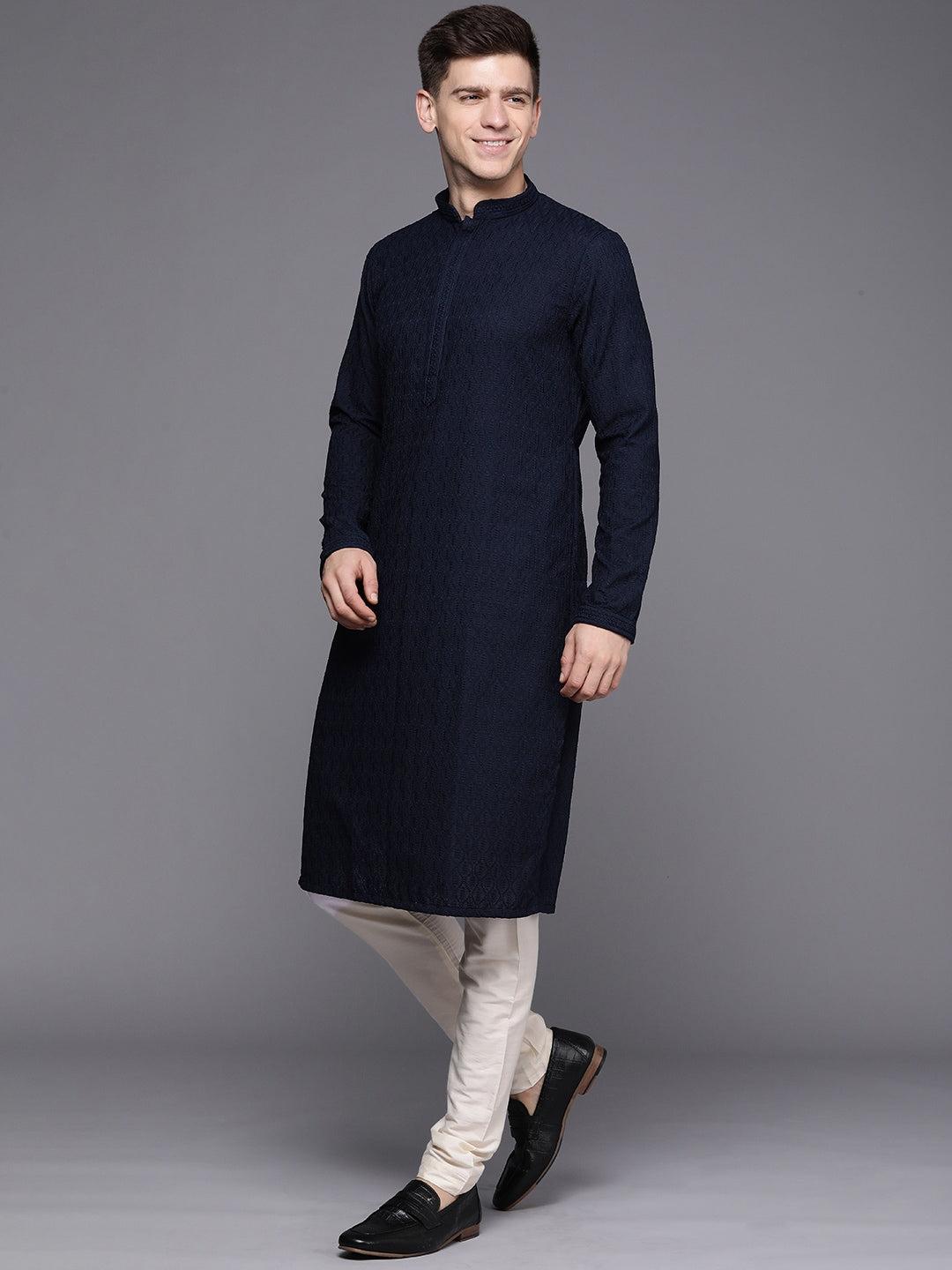 Manyavar Men Blue Ethnic Motifs Woven Design Kurta with Churidar