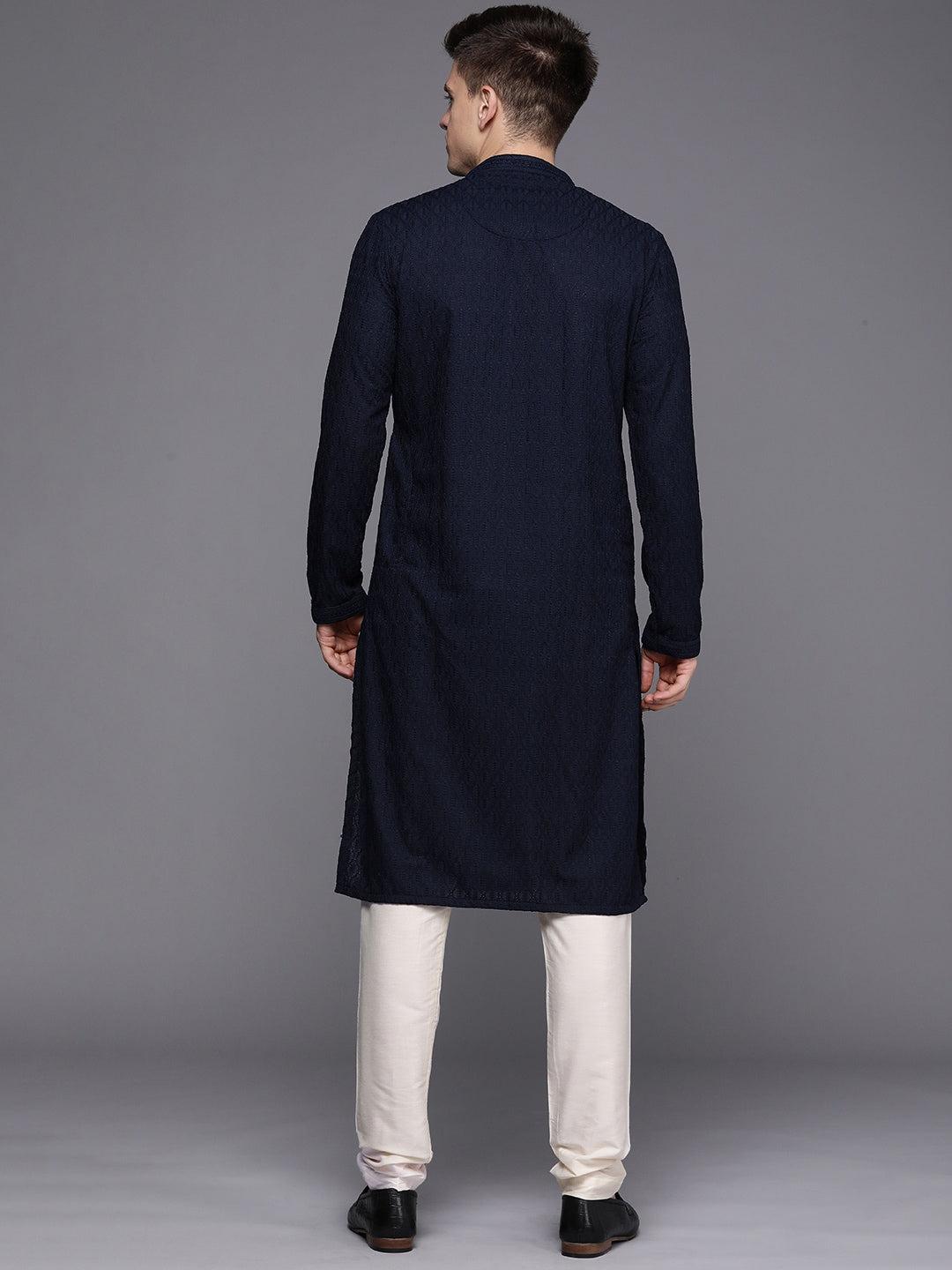 Manyavar Men Blue Ethnic Motifs Woven Design Kurta with Churidar