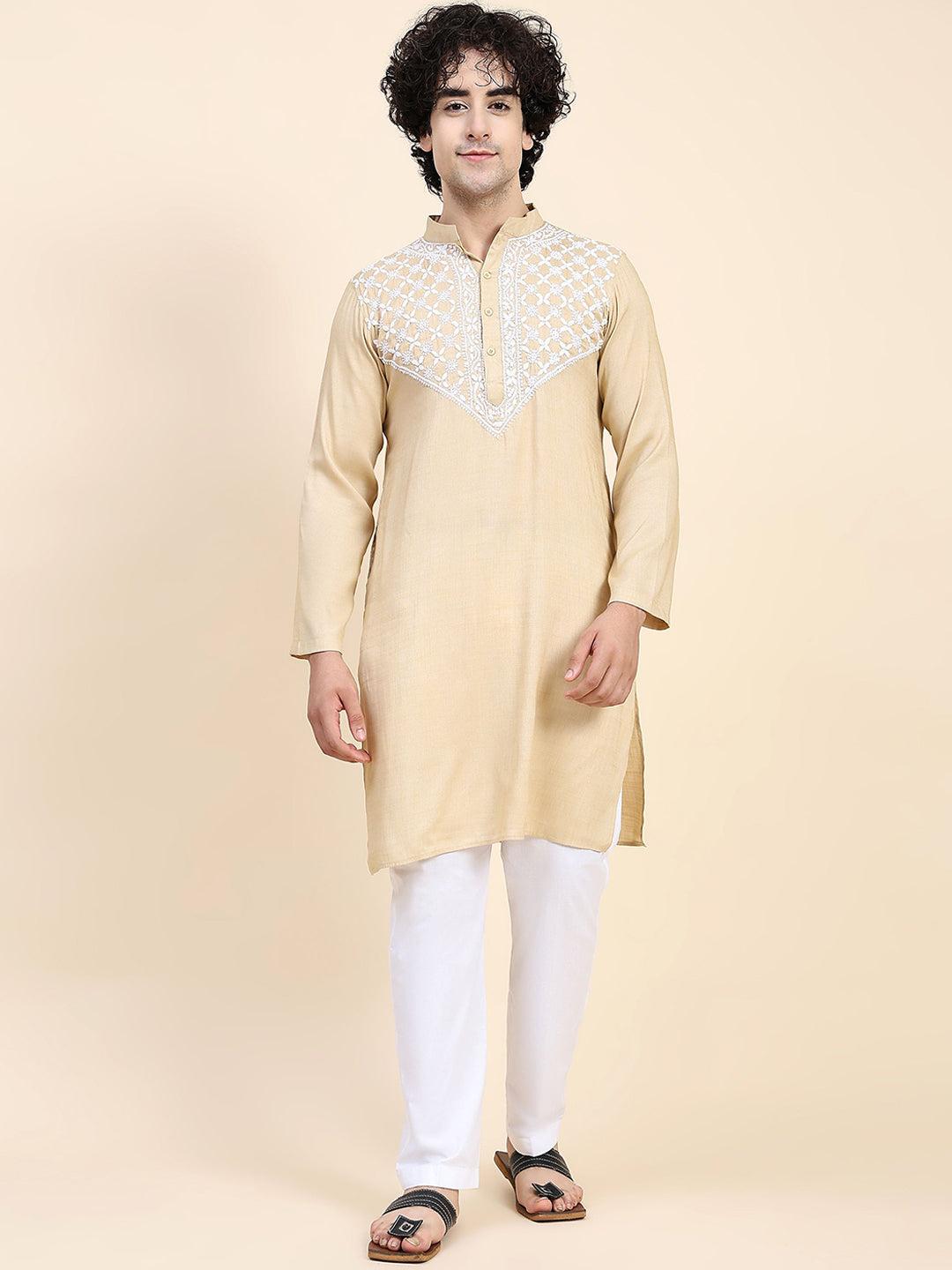 HOUSE OF KARI Ethnic Motifs Yoke Design Mandarin Collar Chikankari Pure Cotton Kurta