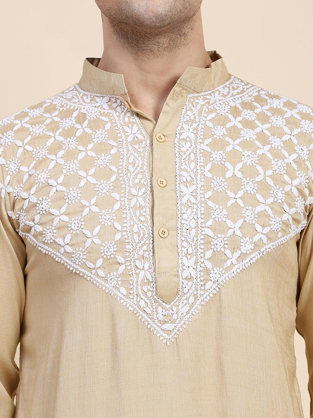 HOUSE OF KARI Ethnic Motifs Yoke Design Mandarin Collar Chikankari Pure Cotton Kurta