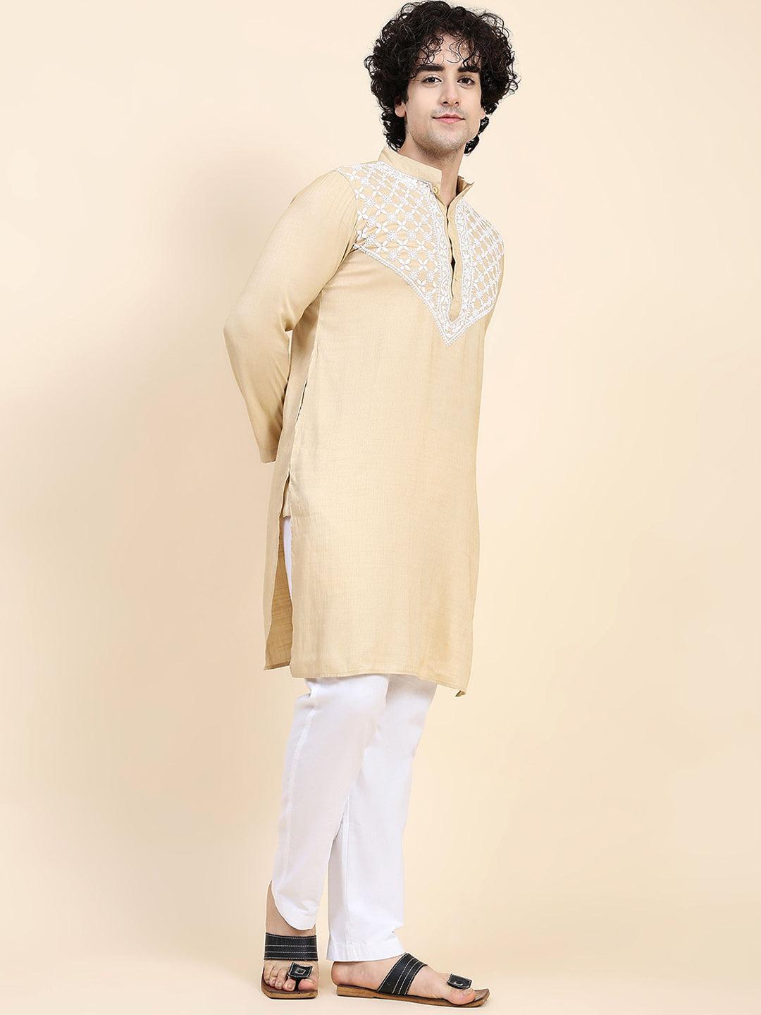 HOUSE OF KARI Ethnic Motifs Yoke Design Mandarin Collar Chikankari Pure Cotton Kurta