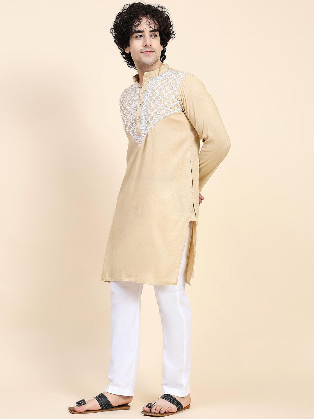 HOUSE OF KARI Ethnic Motifs Yoke Design Mandarin Collar Chikankari Pure Cotton Kurta