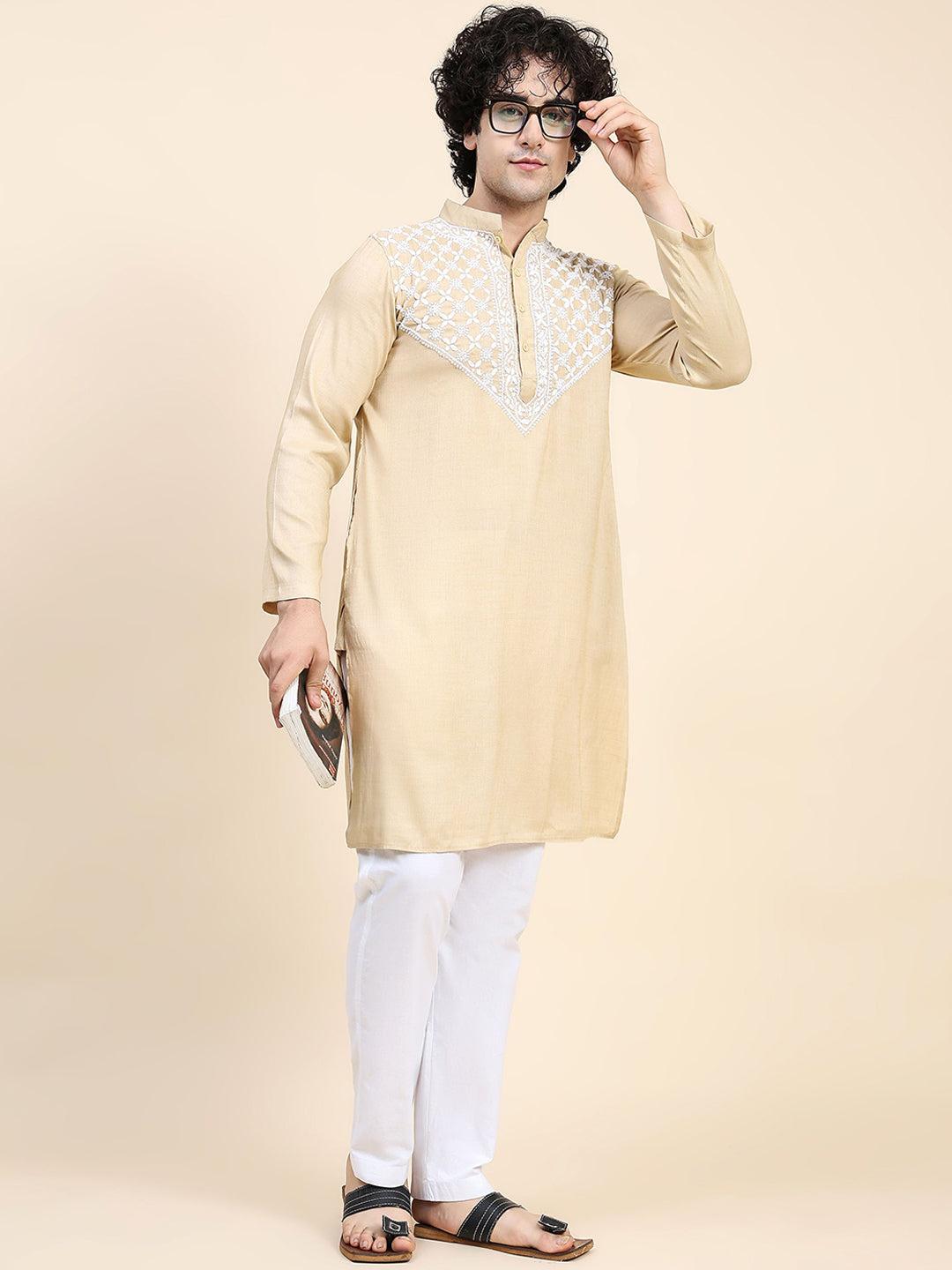 HOUSE OF KARI Ethnic Motifs Yoke Design Mandarin Collar Chikankari Pure Cotton Kurta