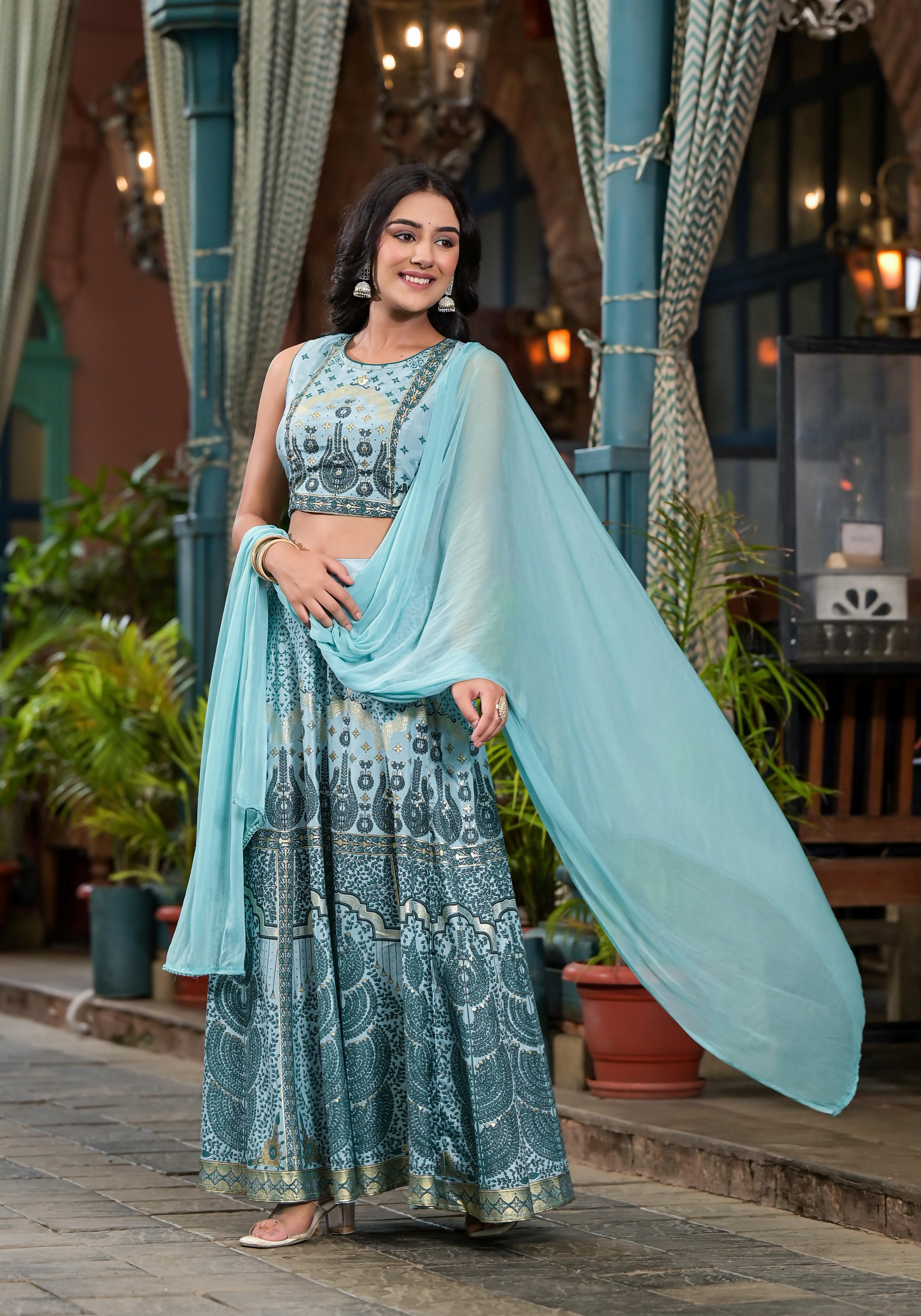 Juniper Women's Aqua Ethnic Motif Printed Lehenga Set With Sequins & Gota Patti