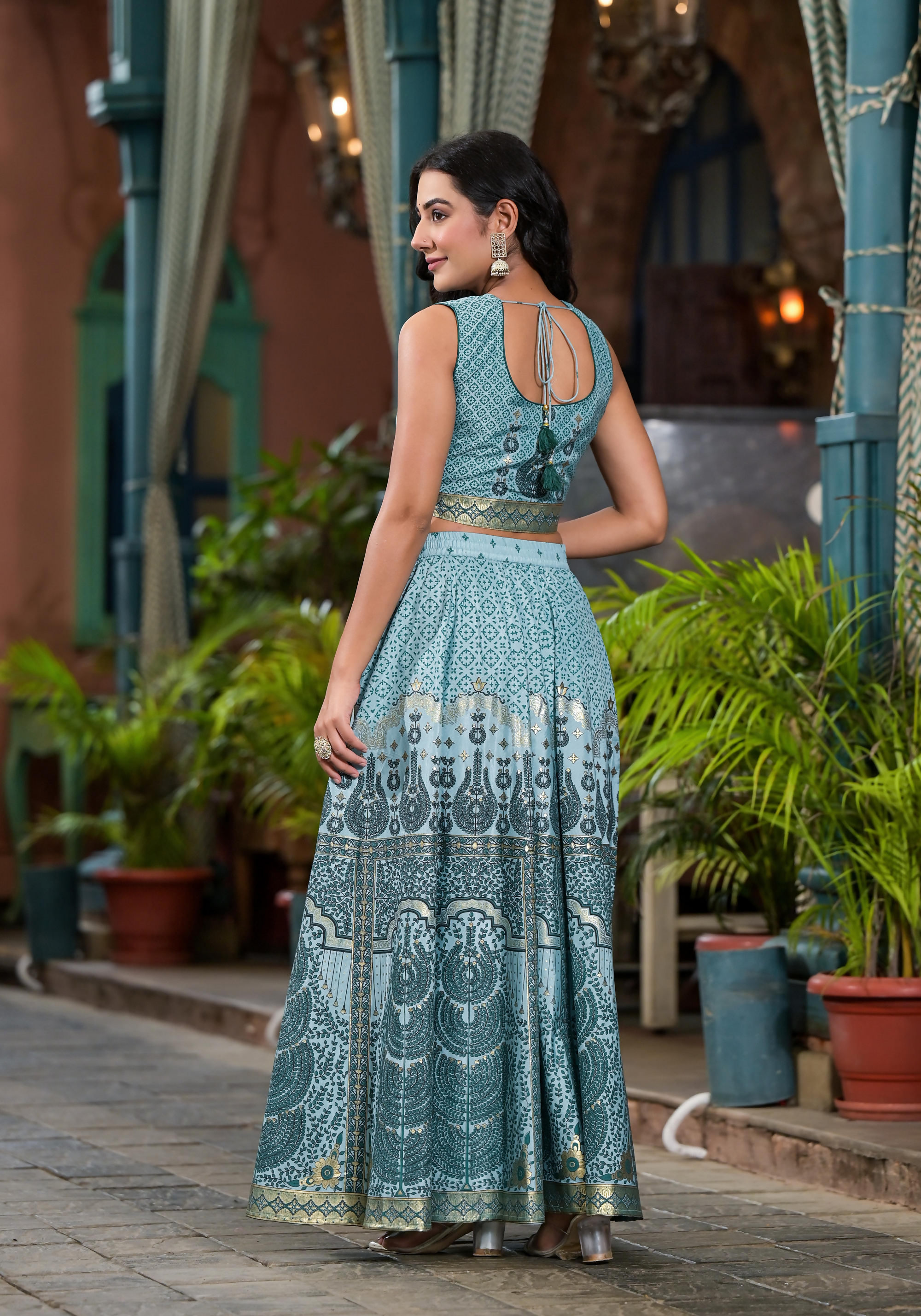 Juniper Women's Aqua Ethnic Motif Printed Lehenga Set With Sequins & Gota Patti