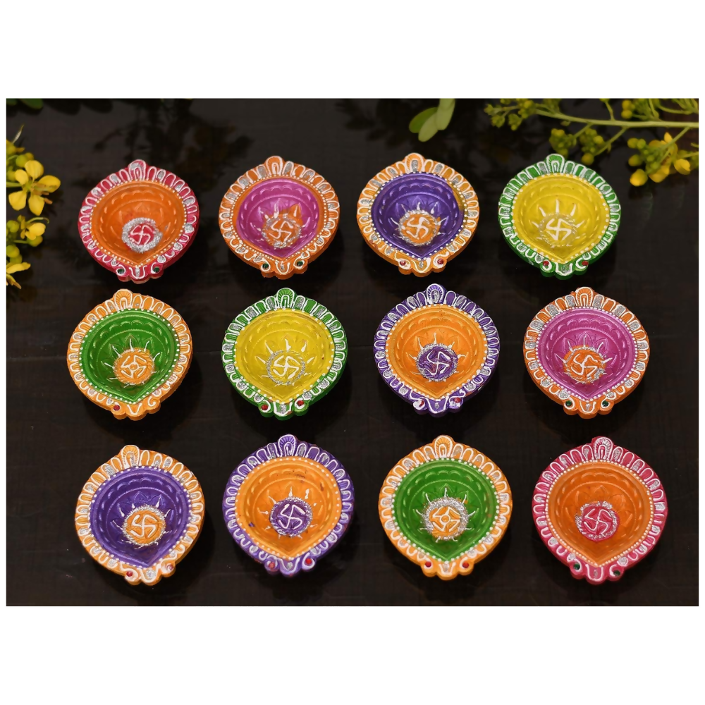 Collectible India Clay Diyas Diya Deepak Colorful Set Earthen Diwali Decoration Puja - Handpainted Diya For Handmade