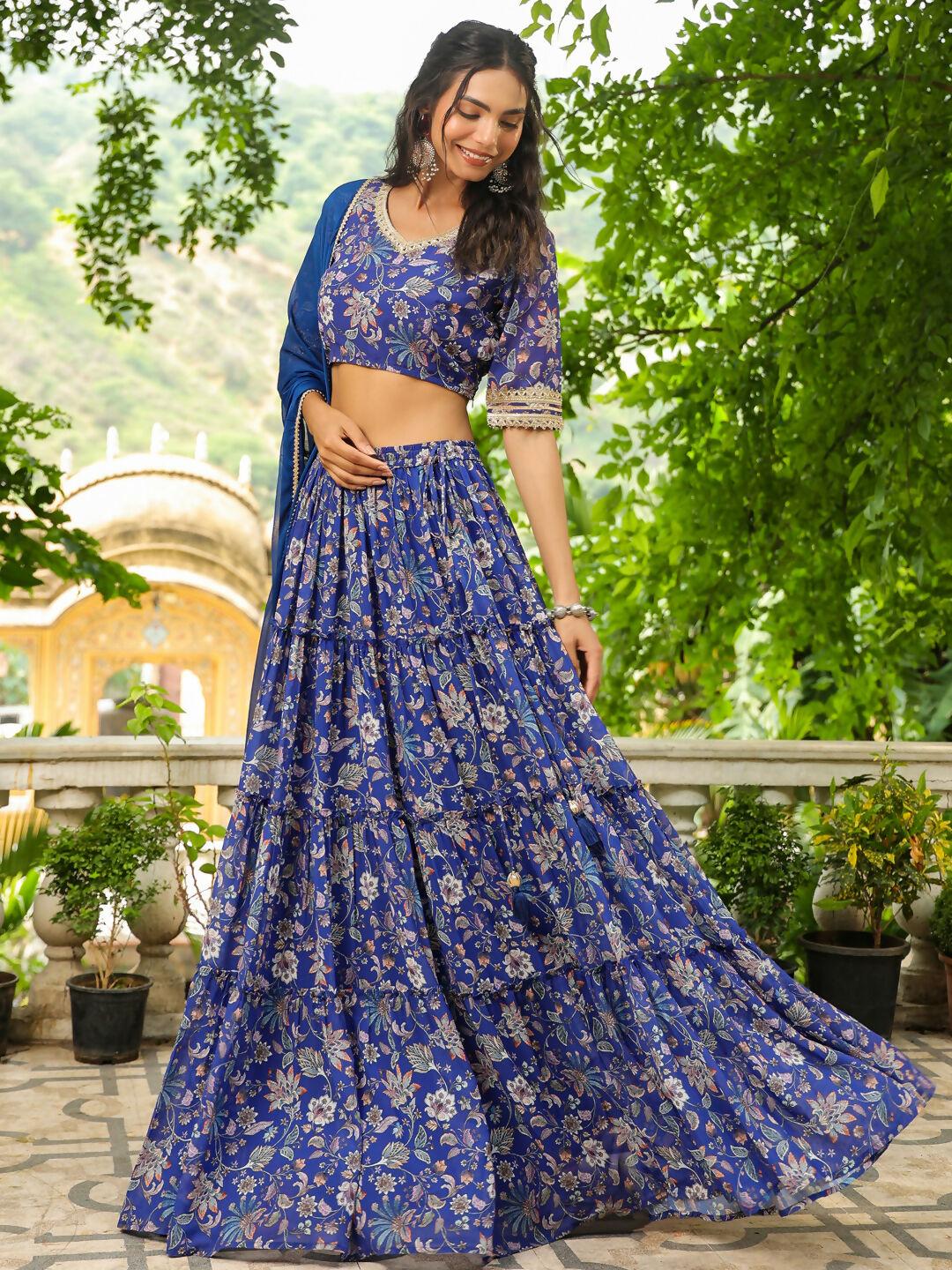 Janasya Blue Georgette Floral Lehenga Choli Dupatta