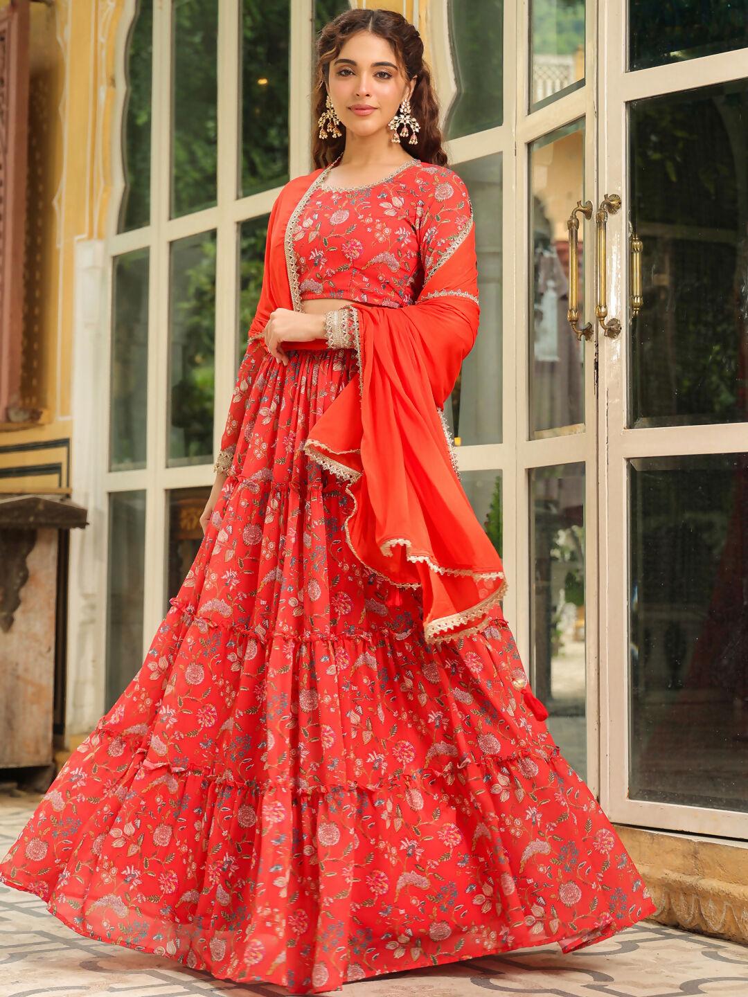 Janasya Red Georgette Floral Lehenga Choli Dupatta