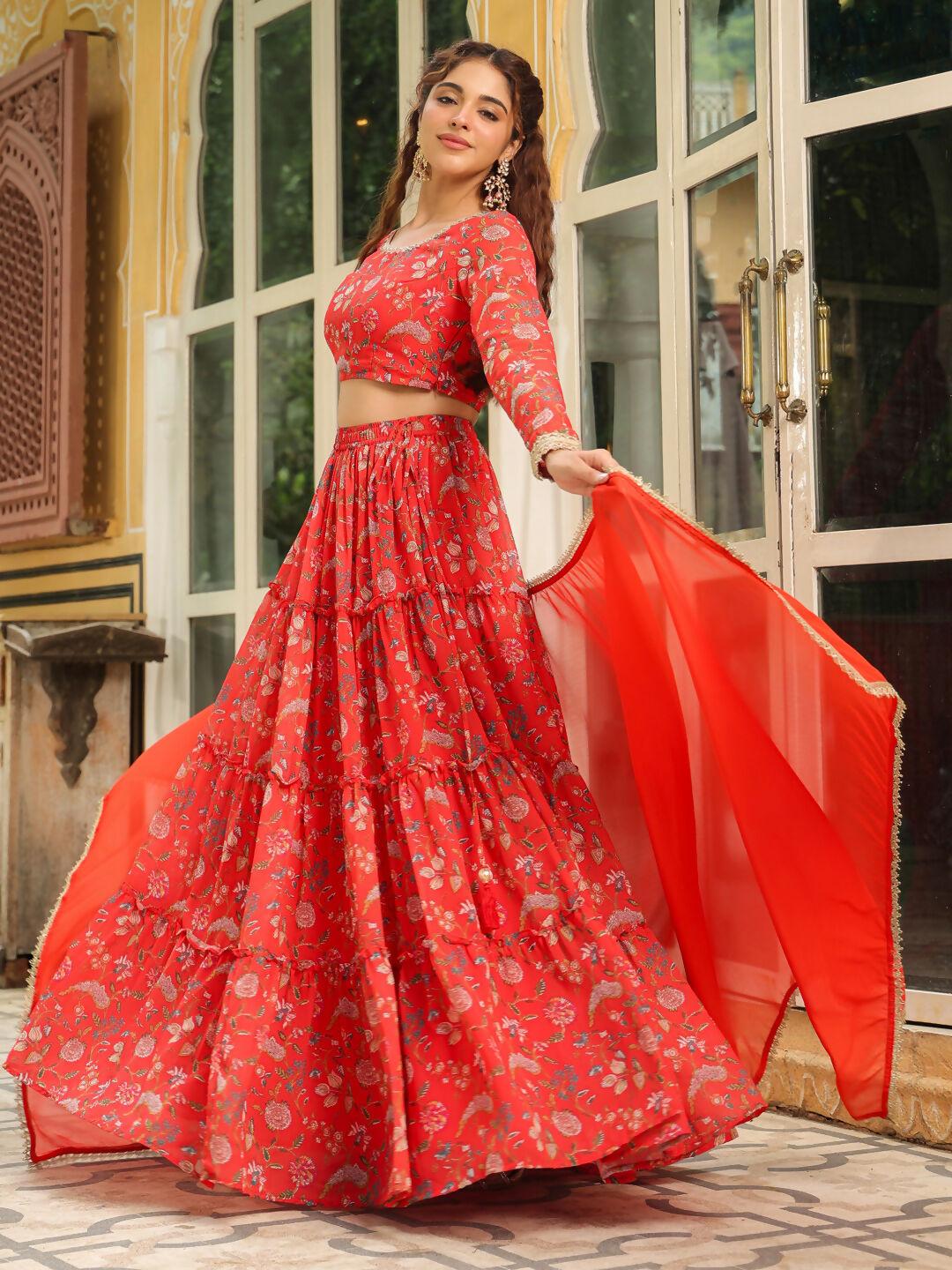 Janasya Red Georgette Floral Lehenga Choli Dupatta