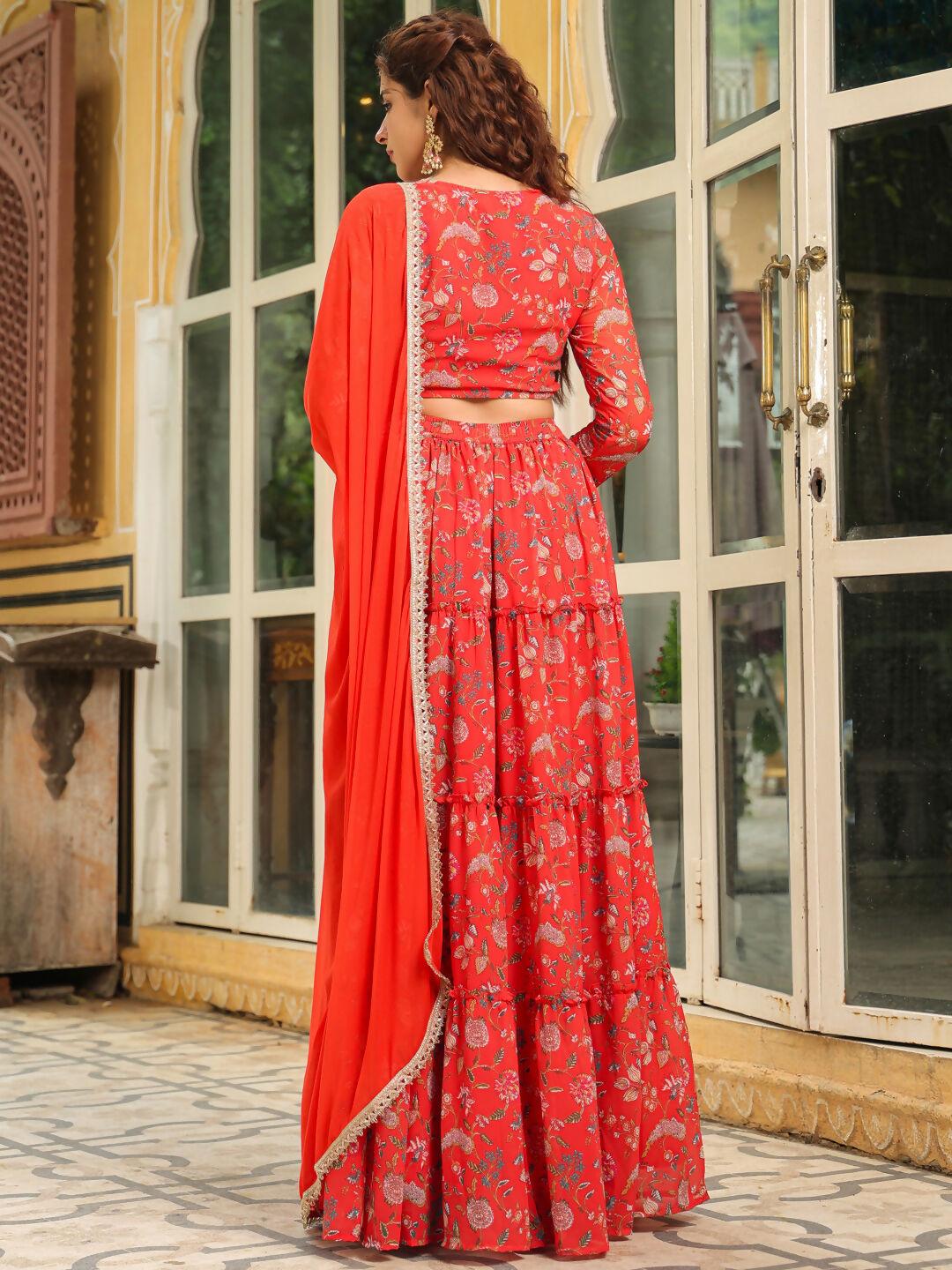 Janasya Red Georgette Floral Lehenga Choli Dupatta