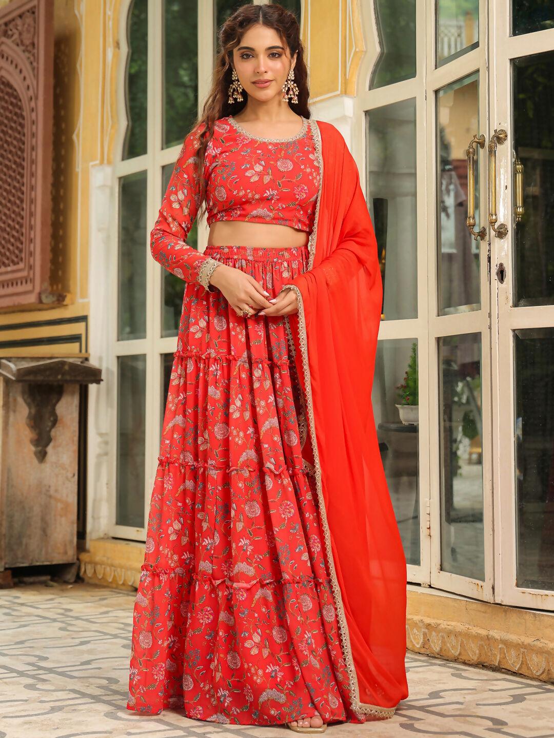 Janasya Red Georgette Floral Lehenga Choli Dupatta