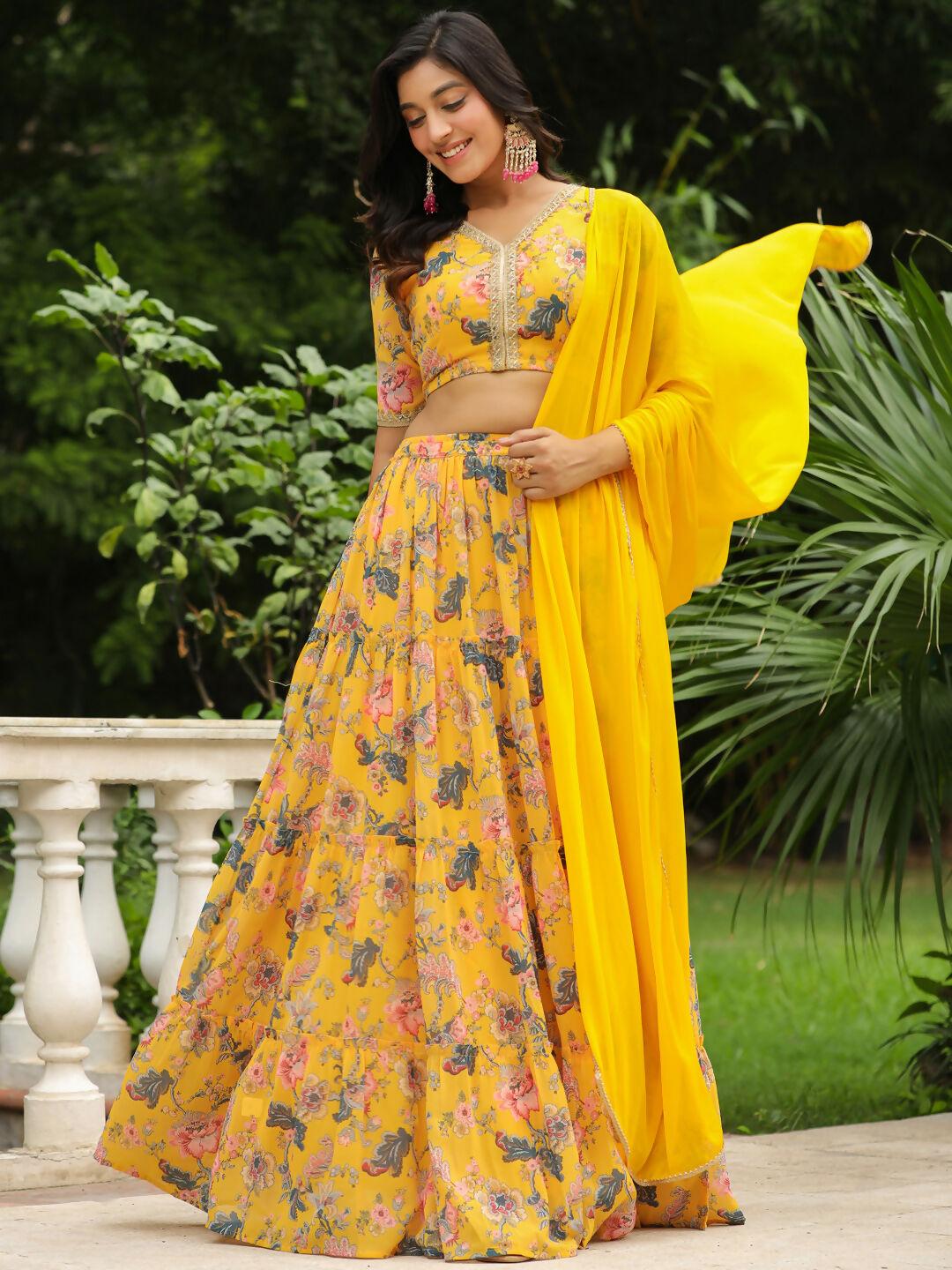 Janasya Yellow Georgette Floral Lehenga Choli Dupatta