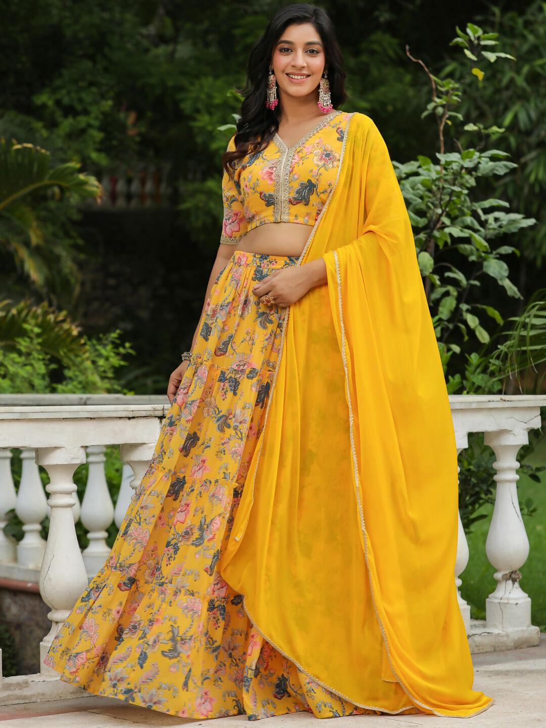 Janasya Yellow Georgette Floral Lehenga Choli Dupatta