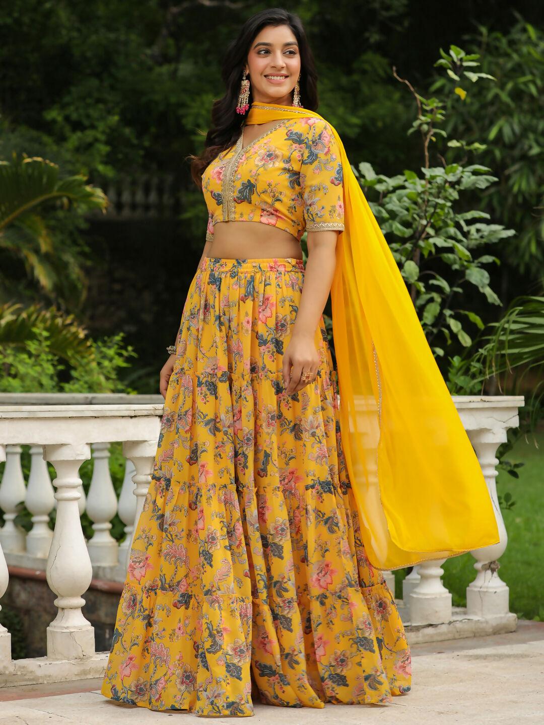 Janasya Yellow Georgette Floral Lehenga Choli Dupatta