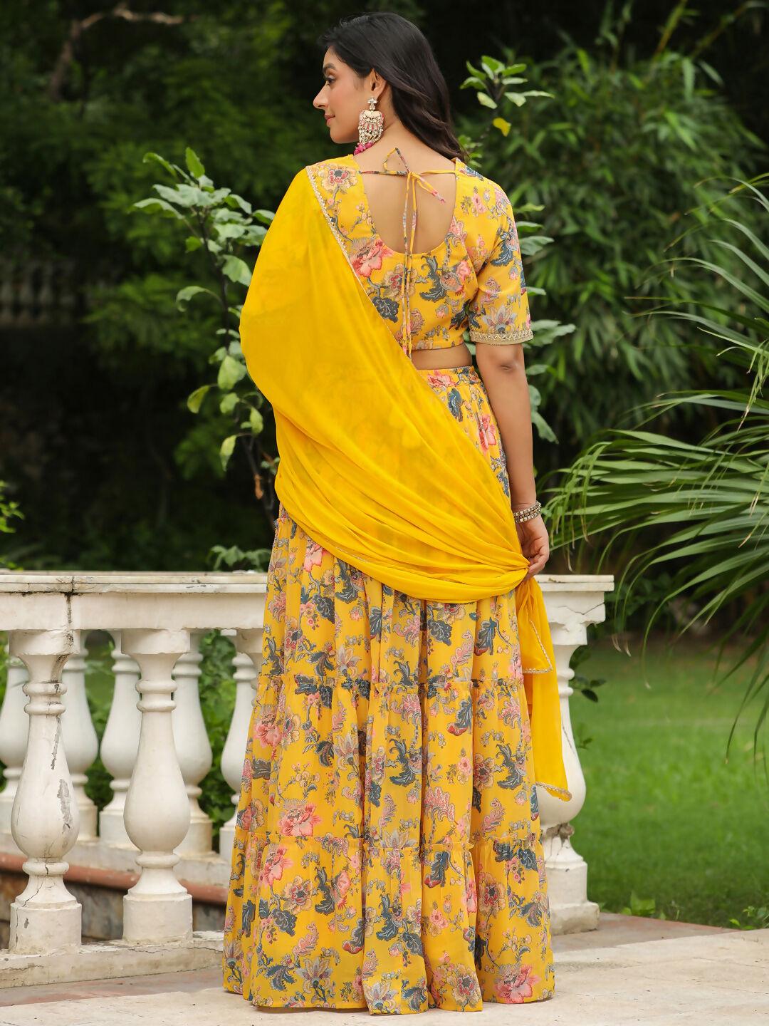 Janasya Yellow Georgette Floral Lehenga Choli Dupatta