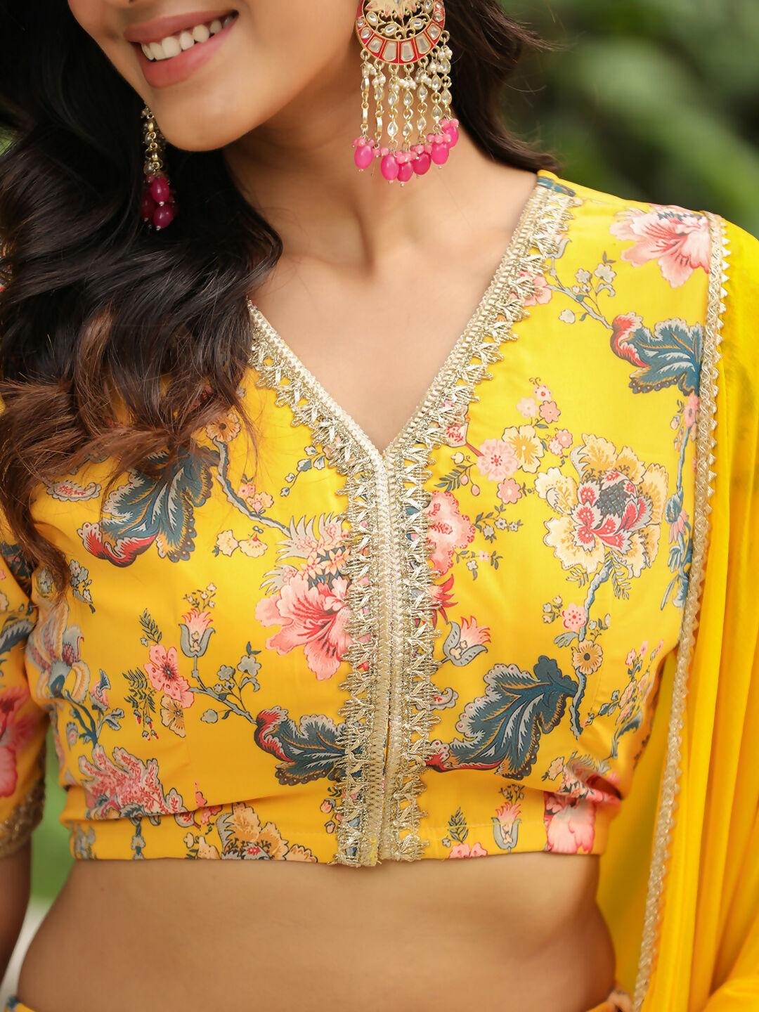 Janasya Yellow Georgette Floral Lehenga Choli Dupatta