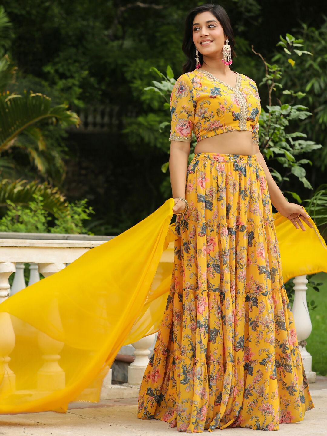 Janasya Yellow Georgette Floral Lehenga Choli Dupatta