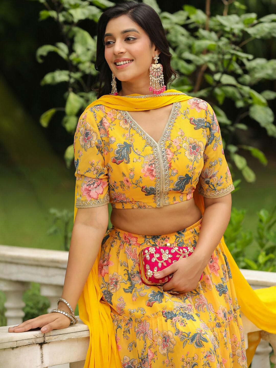 Janasya Yellow Georgette Floral Lehenga Choli Dupatta