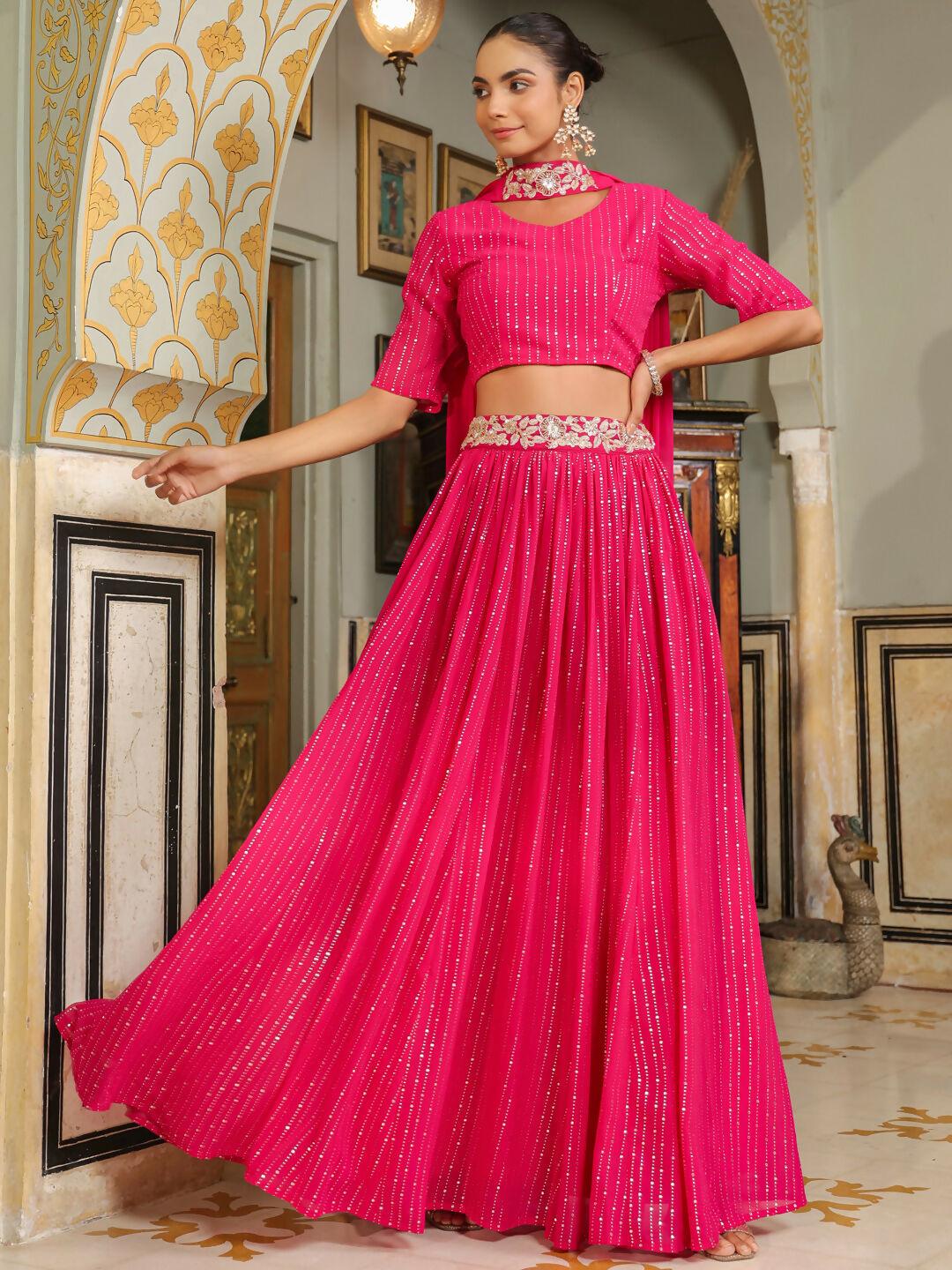 Janasya Pink Georgette Foil Print Lehenga Choli Dupatta