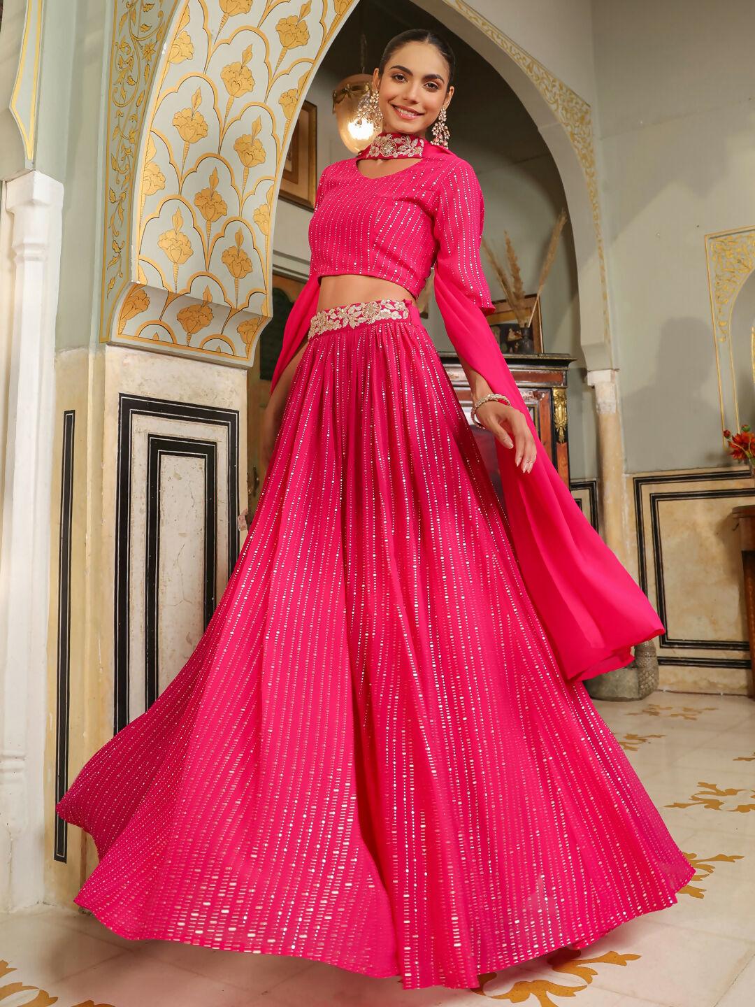 Janasya Pink Georgette Foil Print Lehenga Choli Dupatta