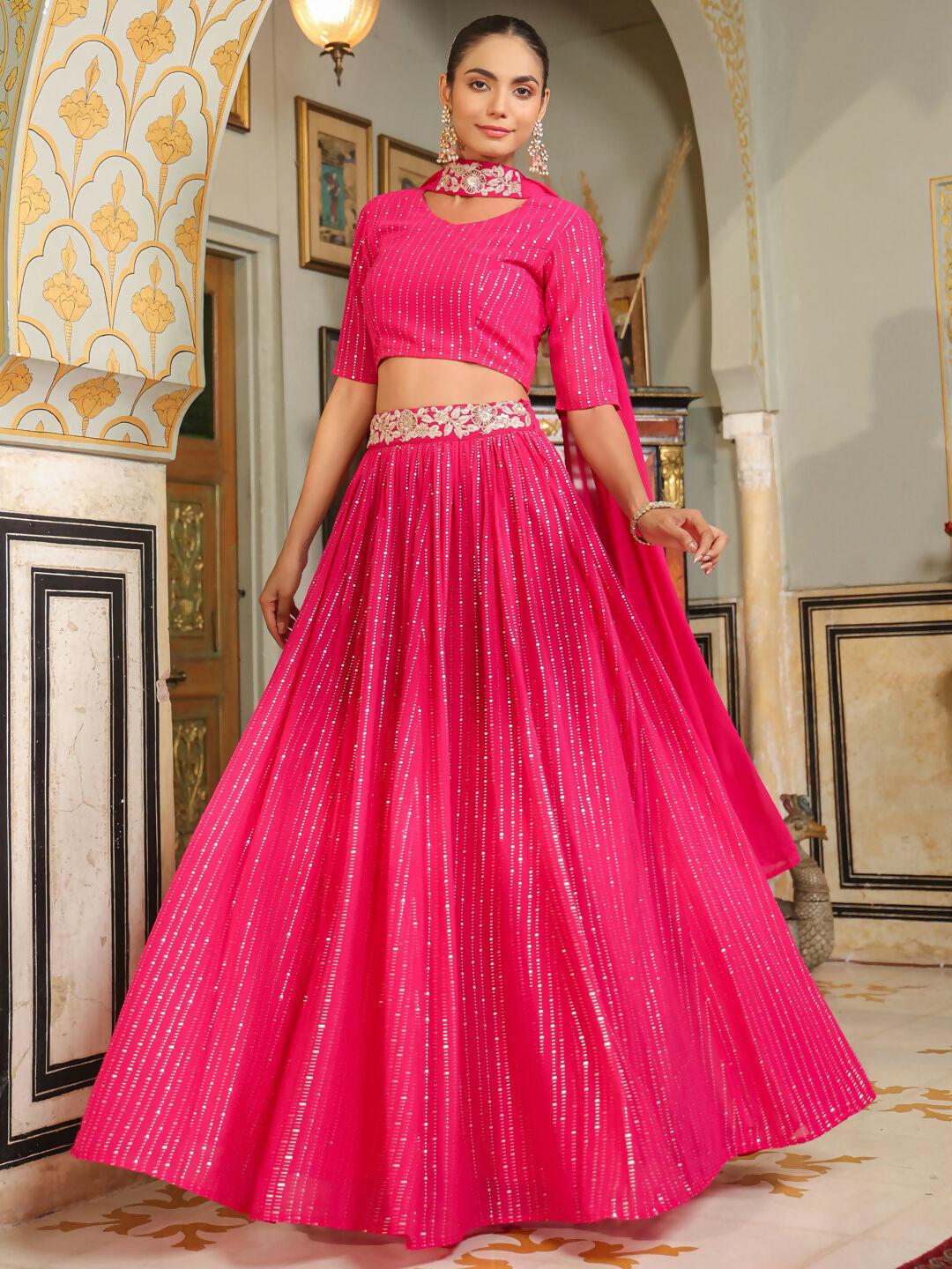 Janasya Pink Georgette Foil Print Lehenga Choli Dupatta