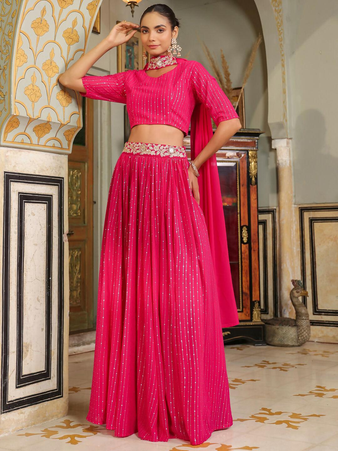 Janasya Pink Georgette Foil Print Lehenga Choli Dupatta