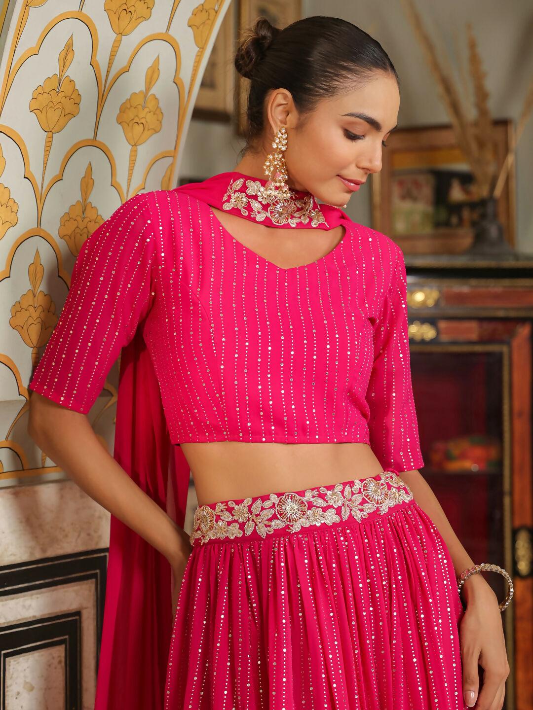 Janasya Pink Georgette Foil Print Lehenga Choli Dupatta