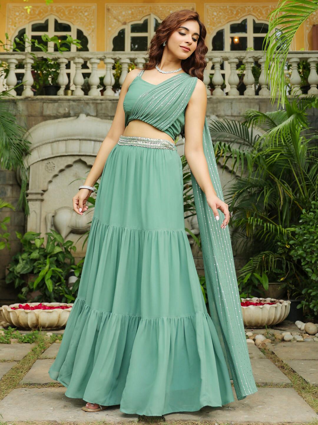 Janasya Sage Green Georgette Embellished Lehenga Choli