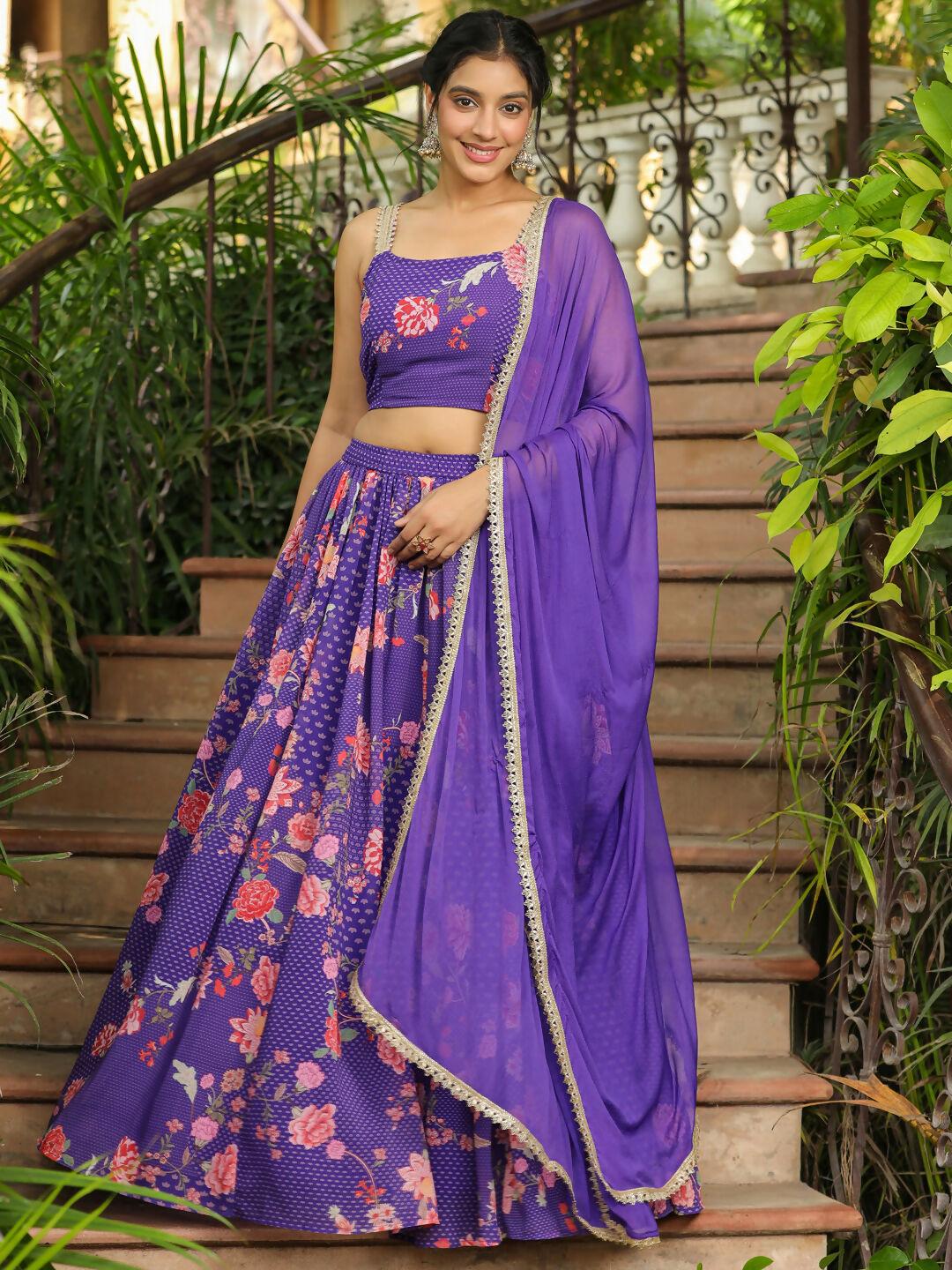 Janasya Purple Georgette Floral Lehenga Choli Dupatta