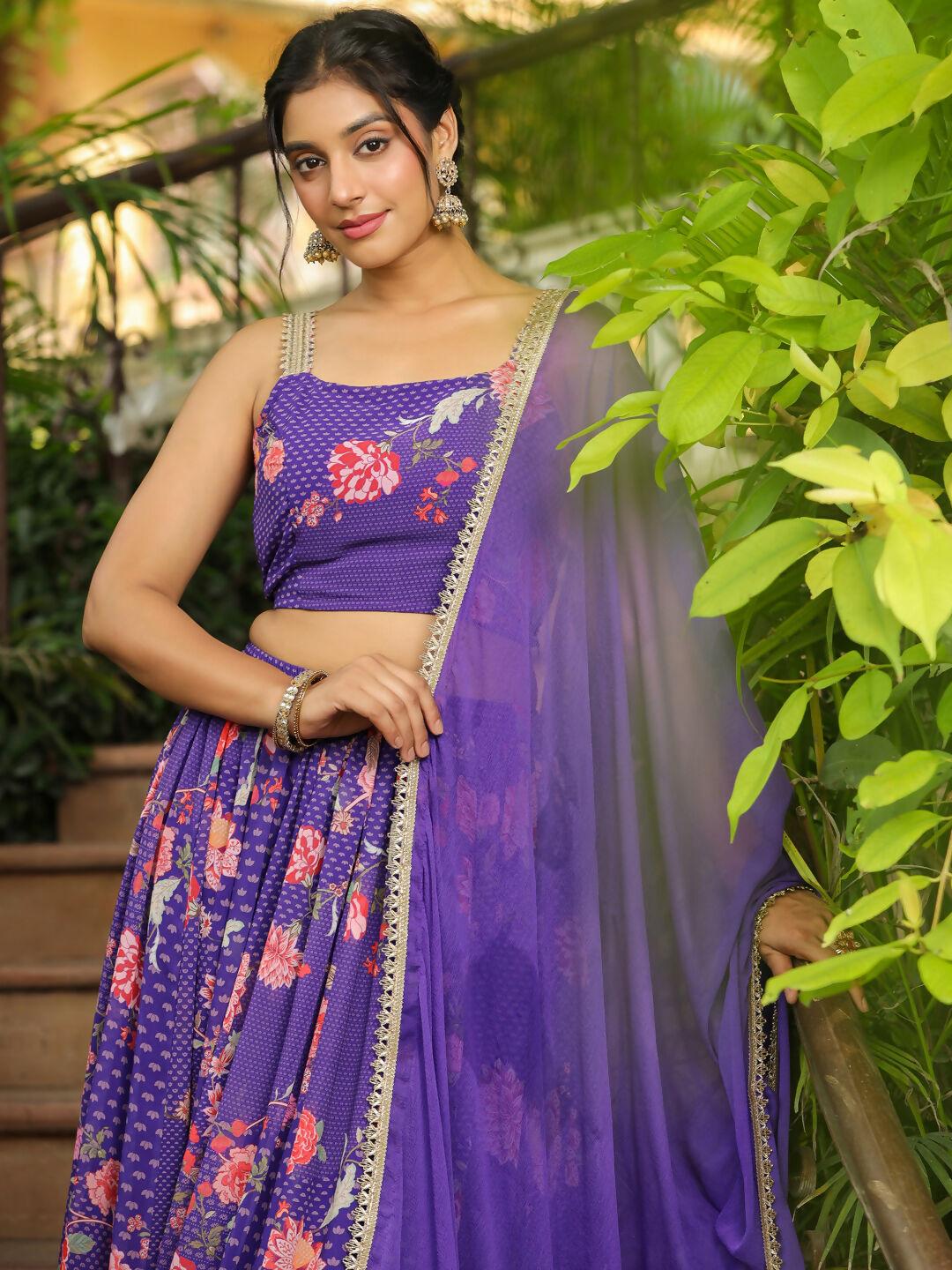 Janasya Purple Georgette Floral Lehenga Choli Dupatta