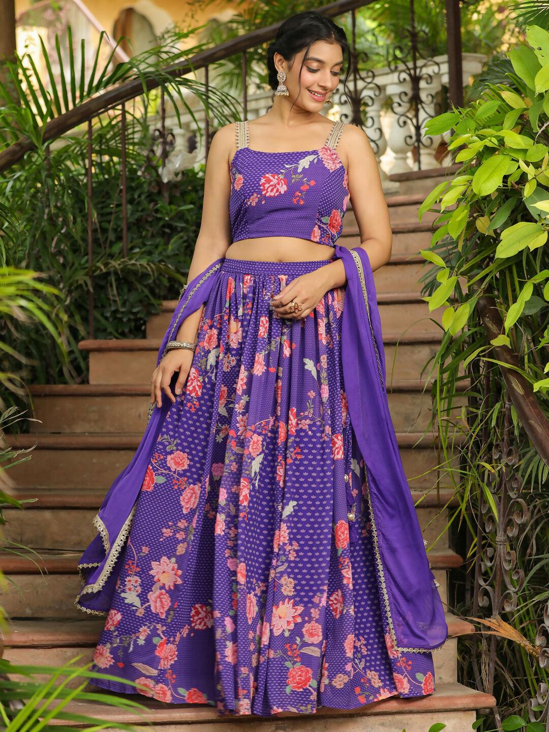 Janasya Purple Georgette Floral Lehenga Choli Dupatta