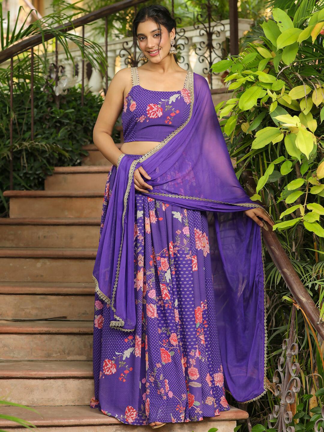 Janasya Purple Georgette Floral Lehenga Choli Dupatta