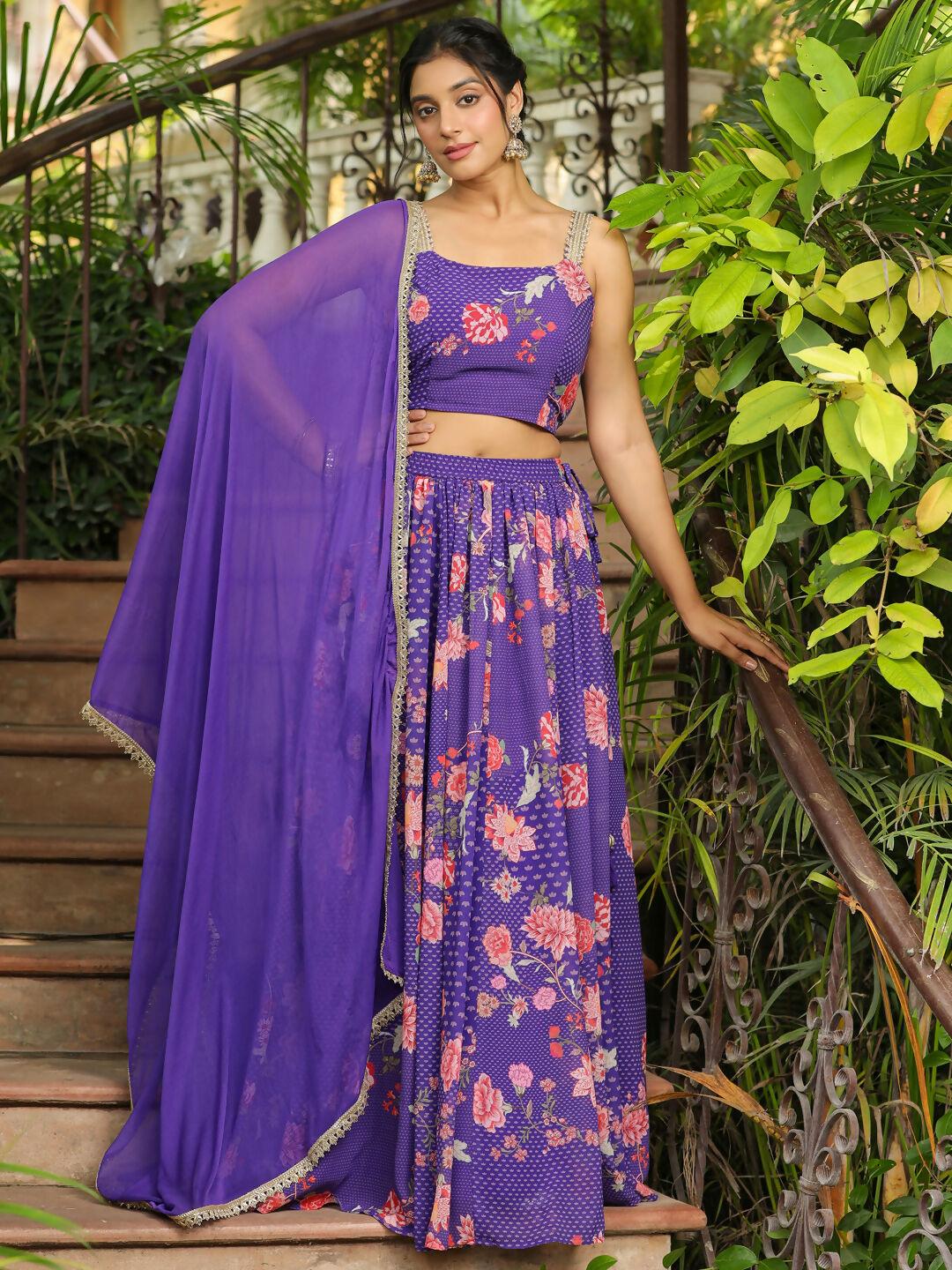 Janasya Purple Georgette Floral Lehenga Choli Dupatta