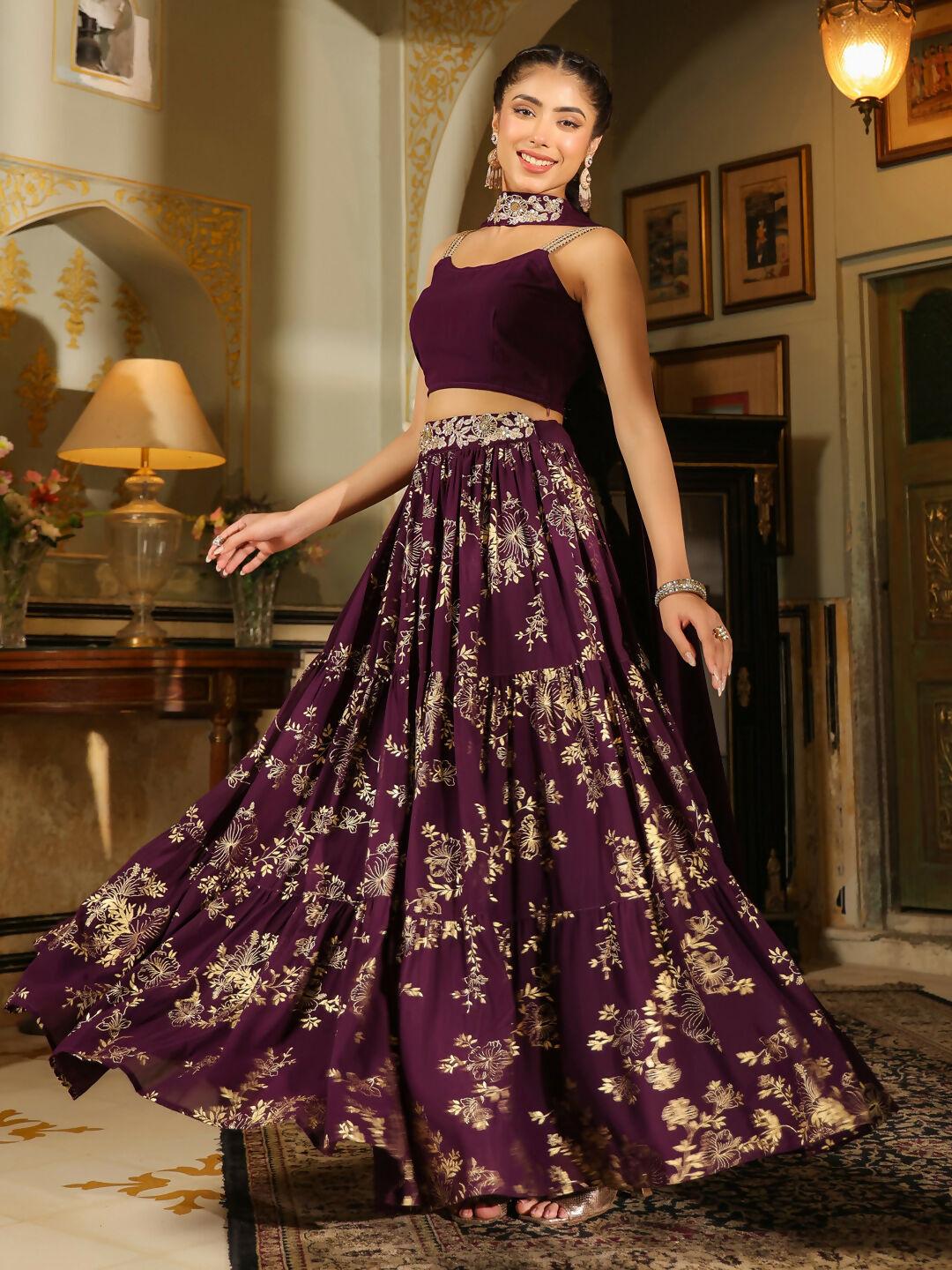 Janasya Purple Georgette Solid Lehenga Choli Dupatta