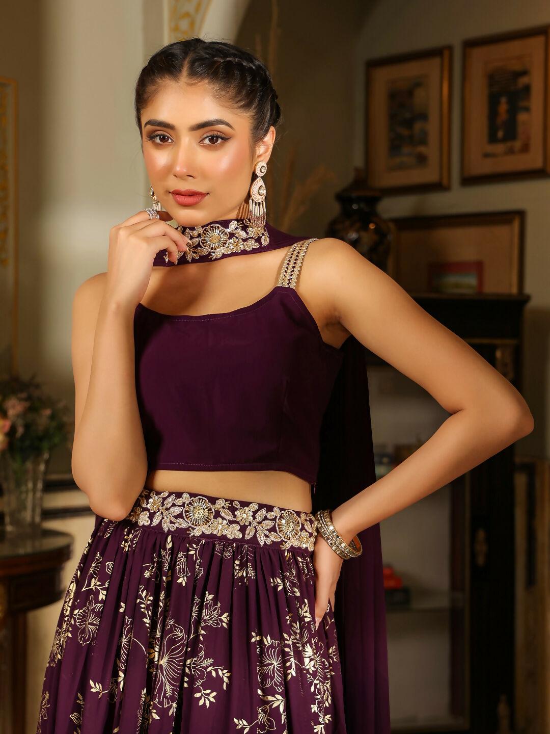 Janasya Purple Georgette Solid Lehenga Choli Dupatta