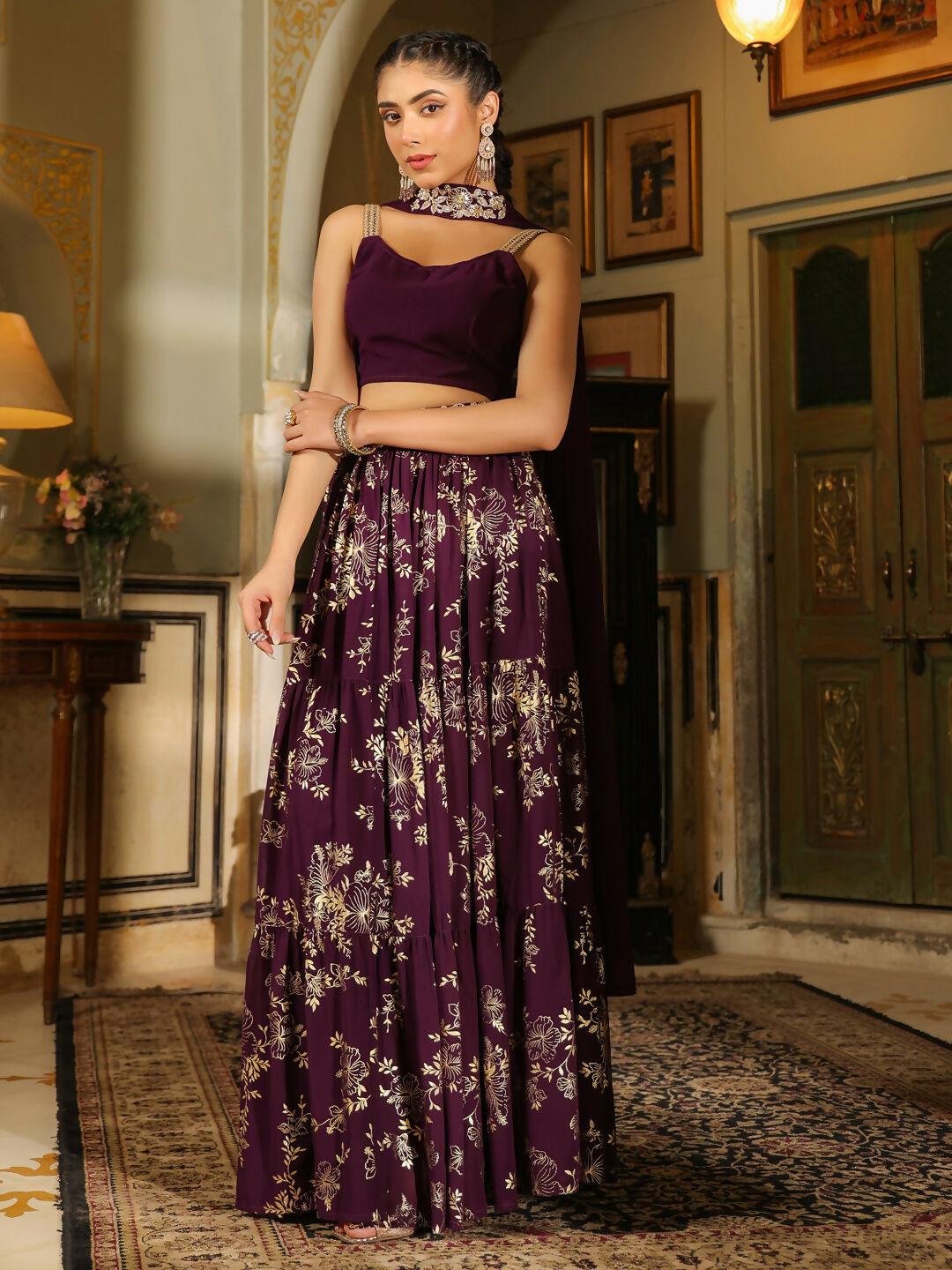 Janasya Purple Georgette Solid Lehenga Choli Dupatta