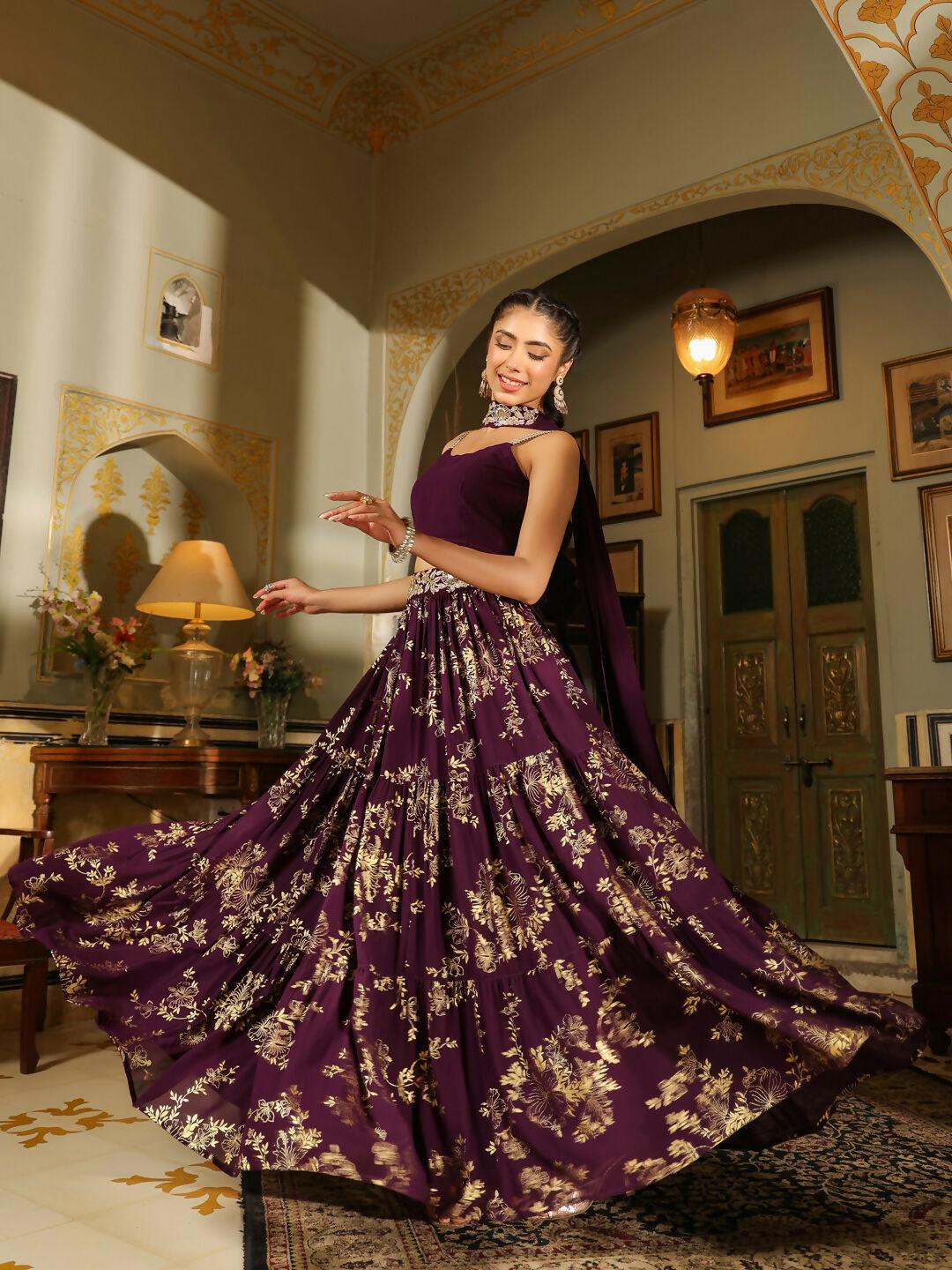 Janasya Purple Georgette Solid Lehenga Choli Dupatta